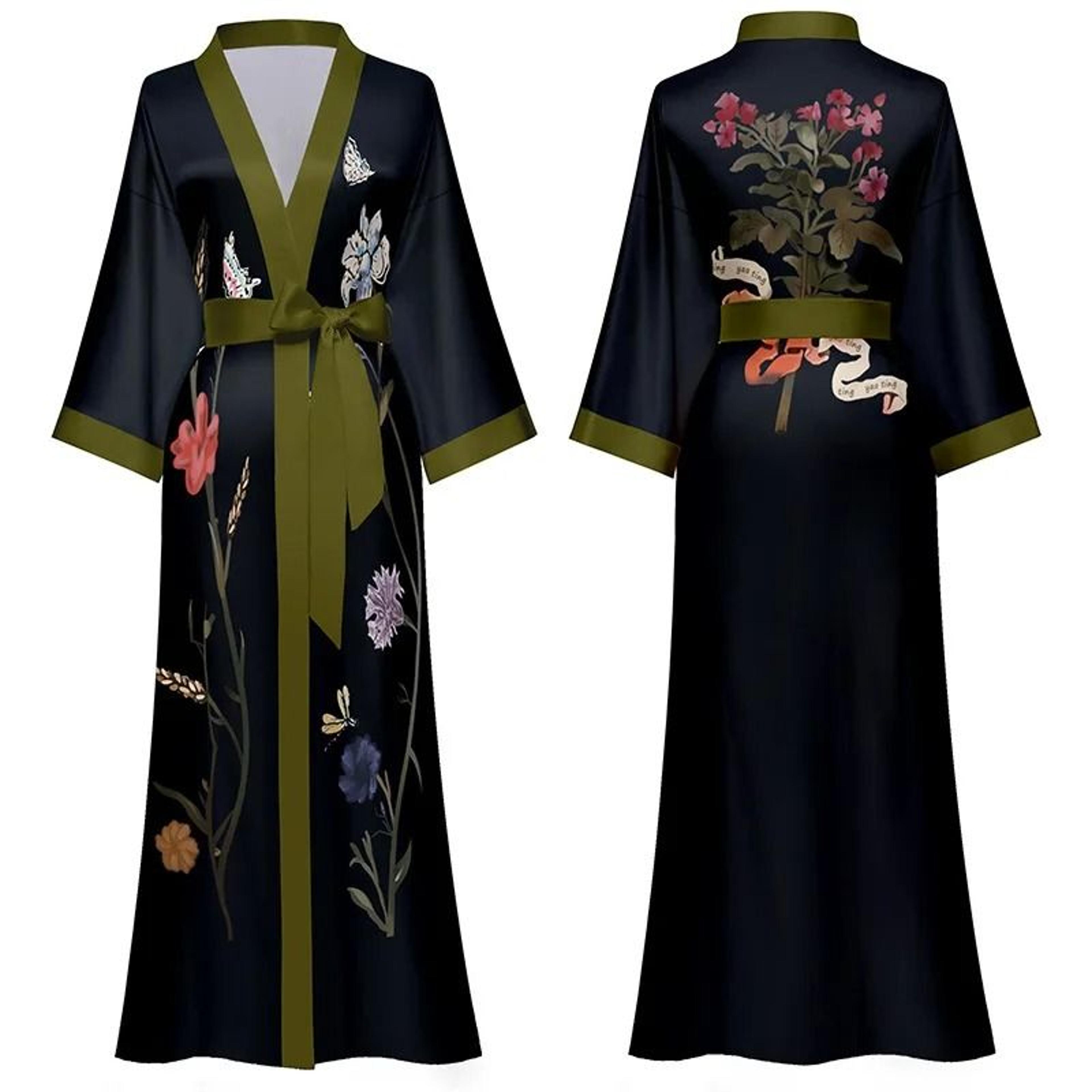 black floral print long robe set – professional rayon kimono & sexy summer nightgown loungewear