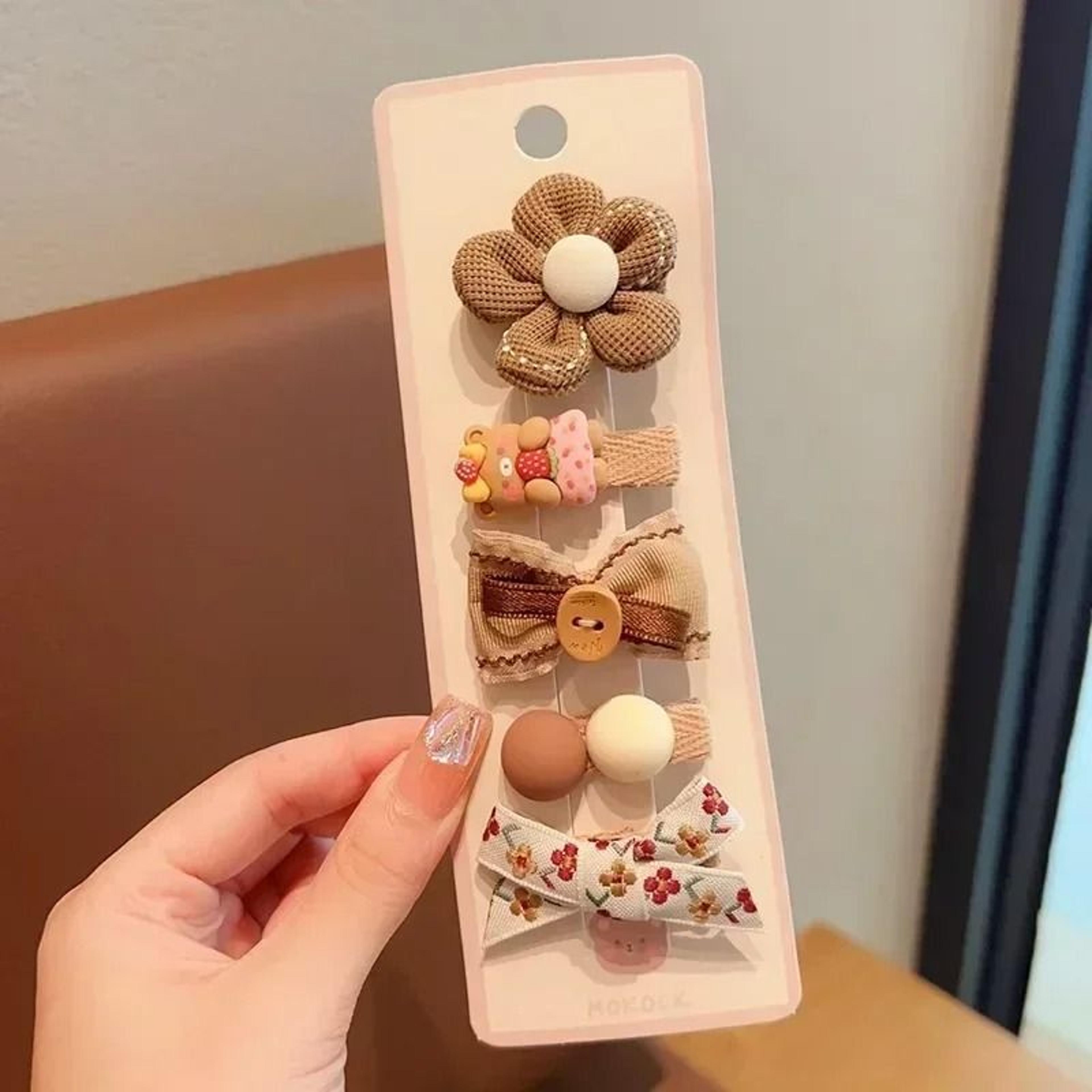 Sweet Kids Plush Hair Clip Set  Kawaii AutumnWinter Beige  Coffee Bowknot Headwear 5pcs 10