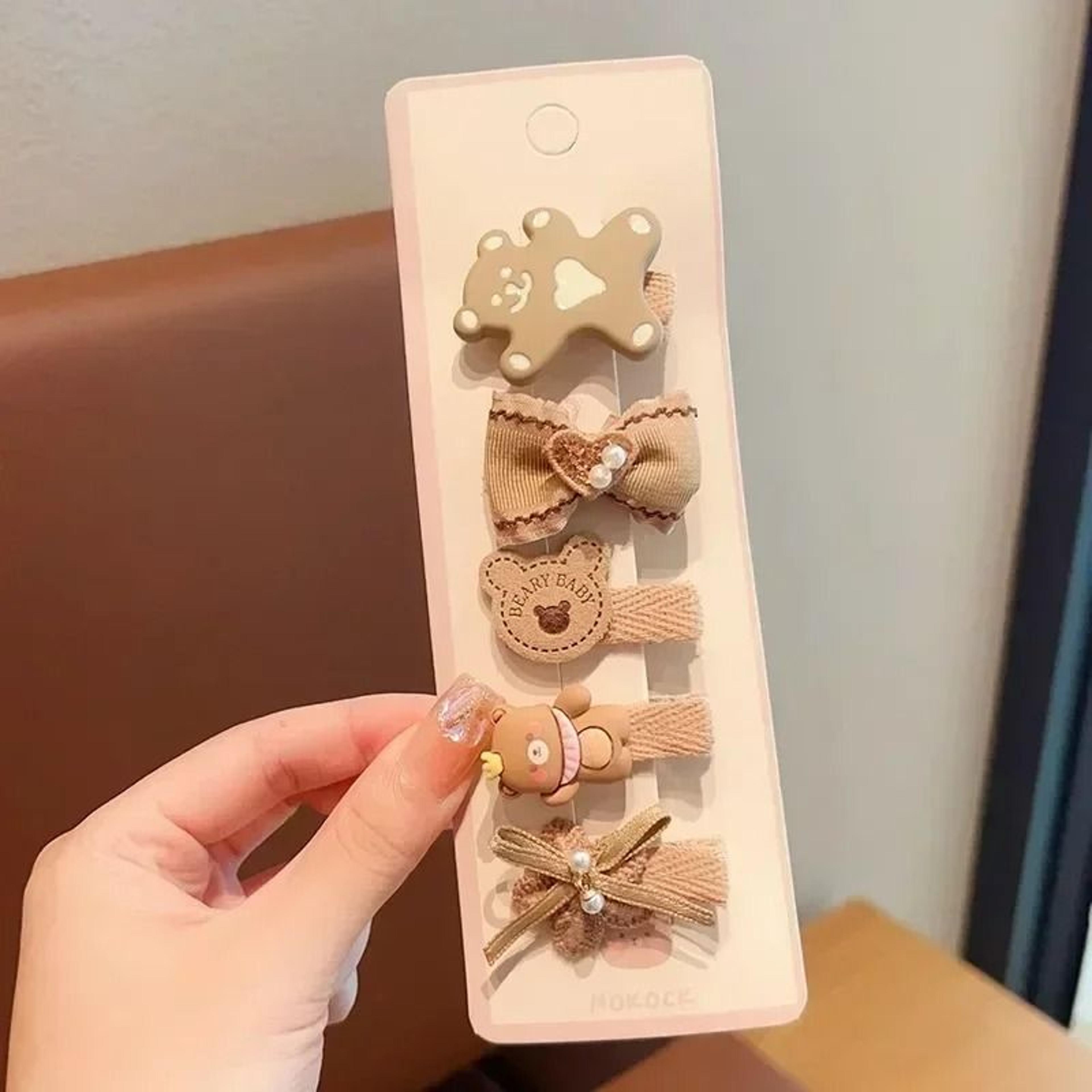 Sweet Kids Plush Hair Clip Set  Kawaii AutumnWinter Beige  Coffee Bowknot Headwear 5pcs 12