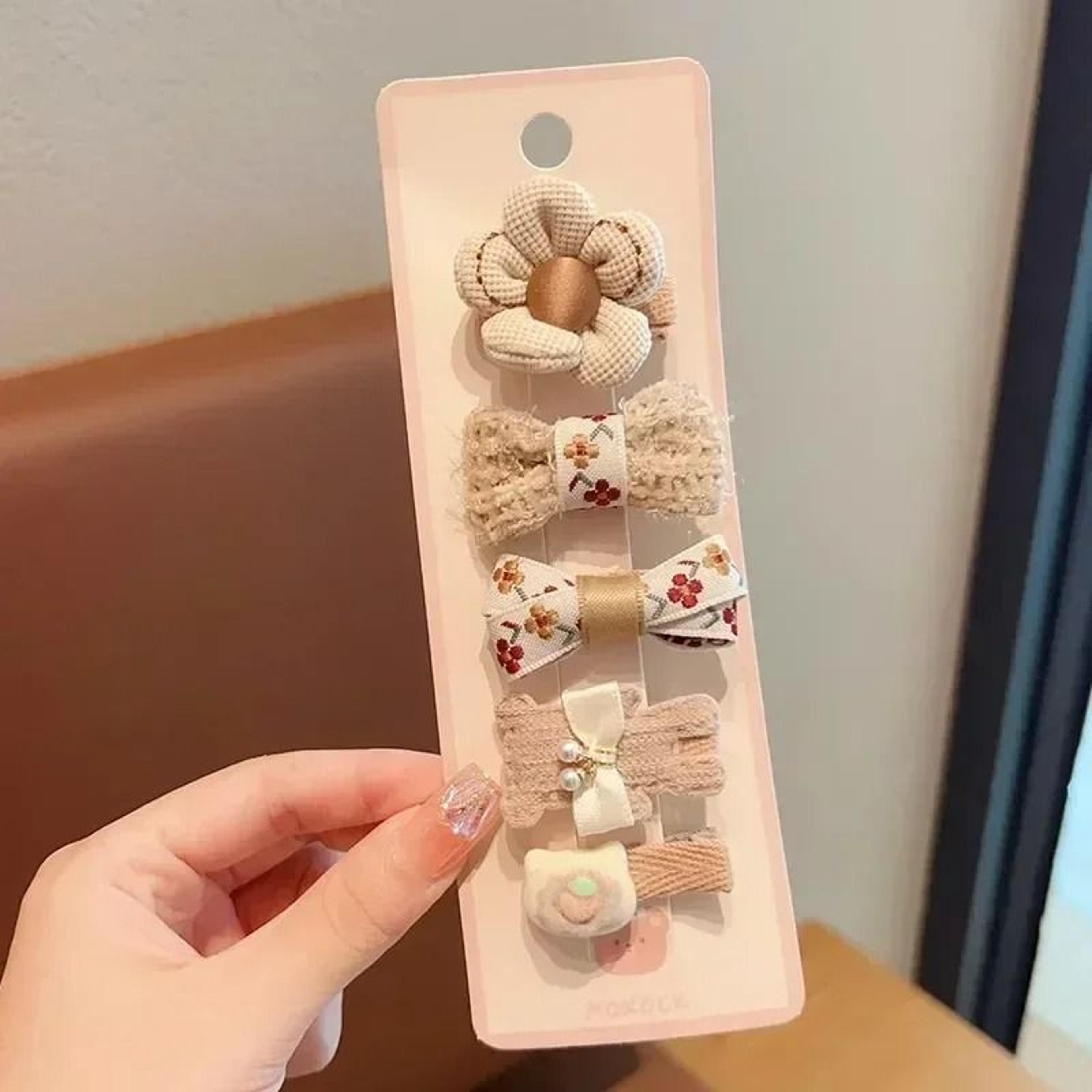Sweet Kids Plush Hair Clip Set  Kawaii AutumnWinter Beige  Coffee Bowknot Headwear 5pcs 7