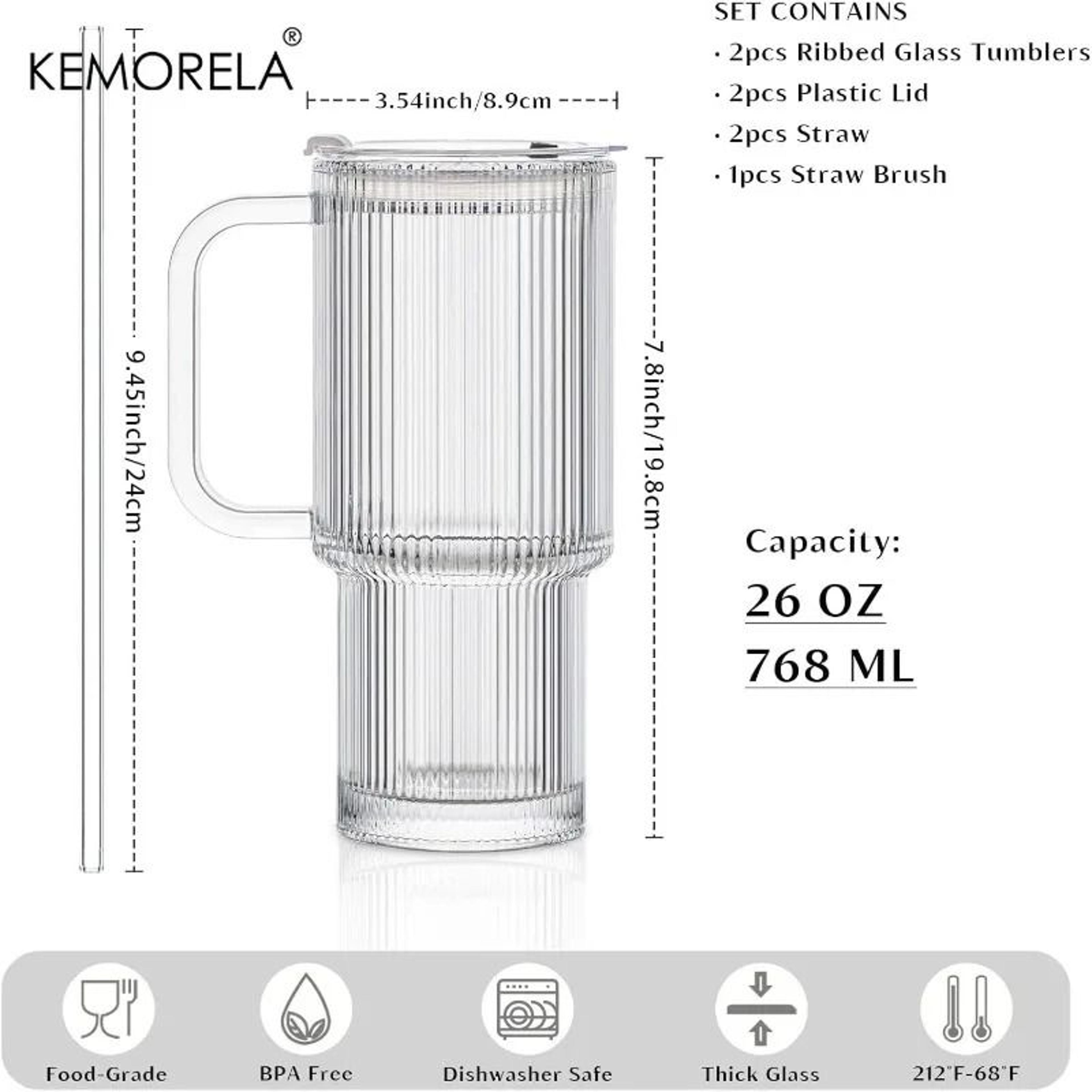 768ML Modern Ribbed Glass Tumbler  HighPerformance Clear Coffee Mug With Handle  Lid Set 5