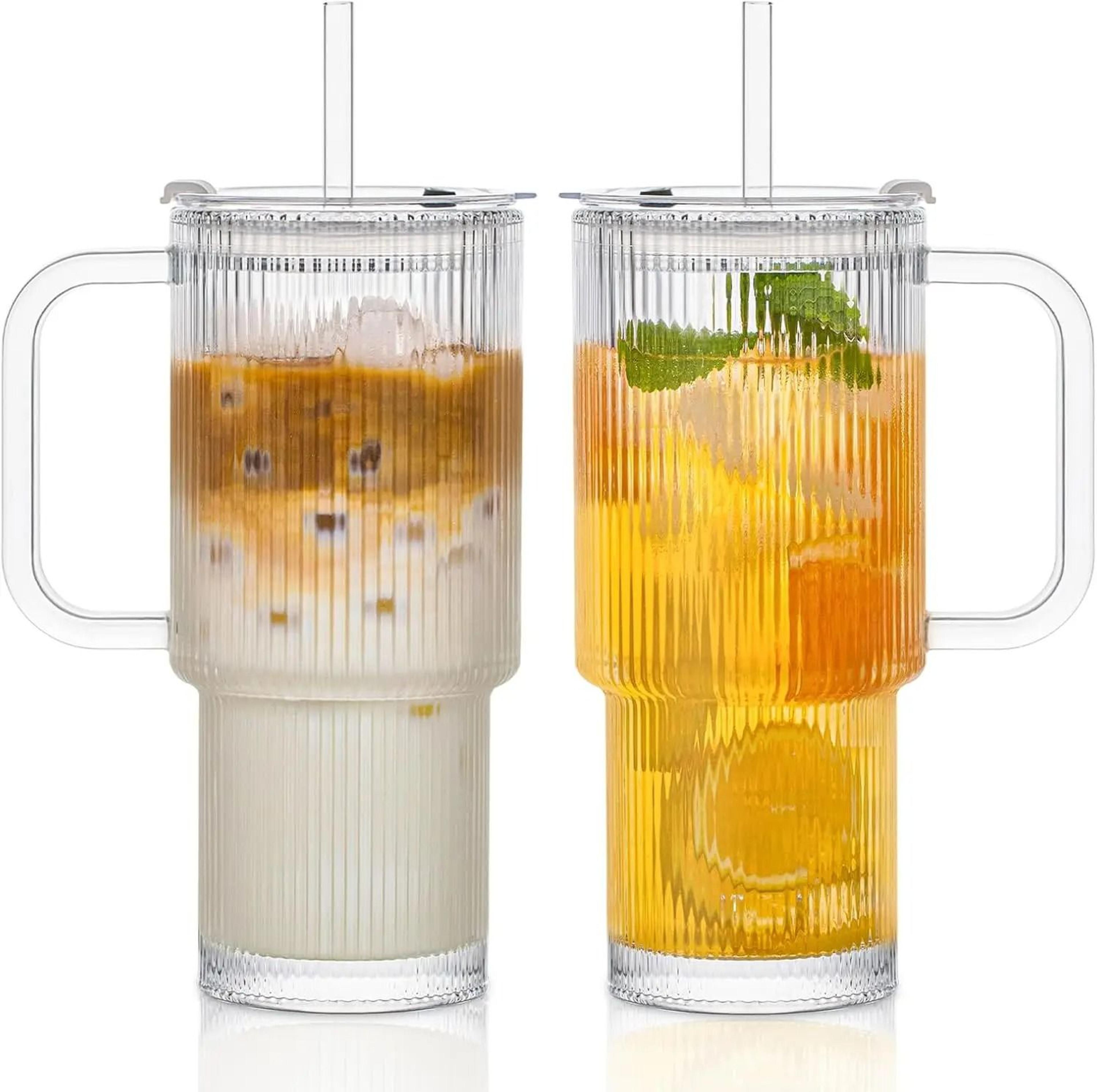 768ML Modern Ribbed Glass Tumbler  HighPerformance Clear Coffee Mug With Handle  Lid Set 6