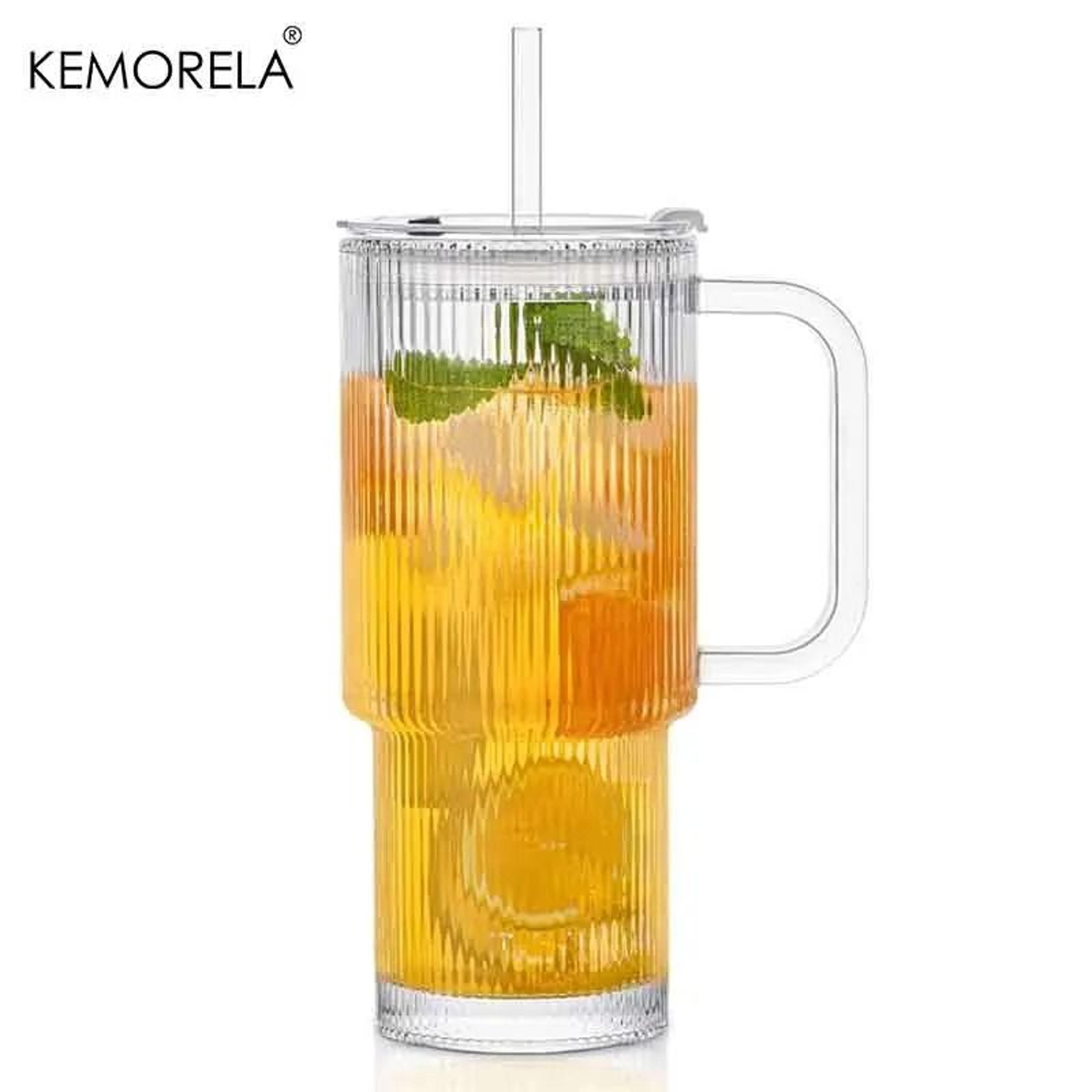 768ML Modern Ribbed Glass Tumbler  HighPerformance Clear Coffee Mug With Handle  Lid Set 7