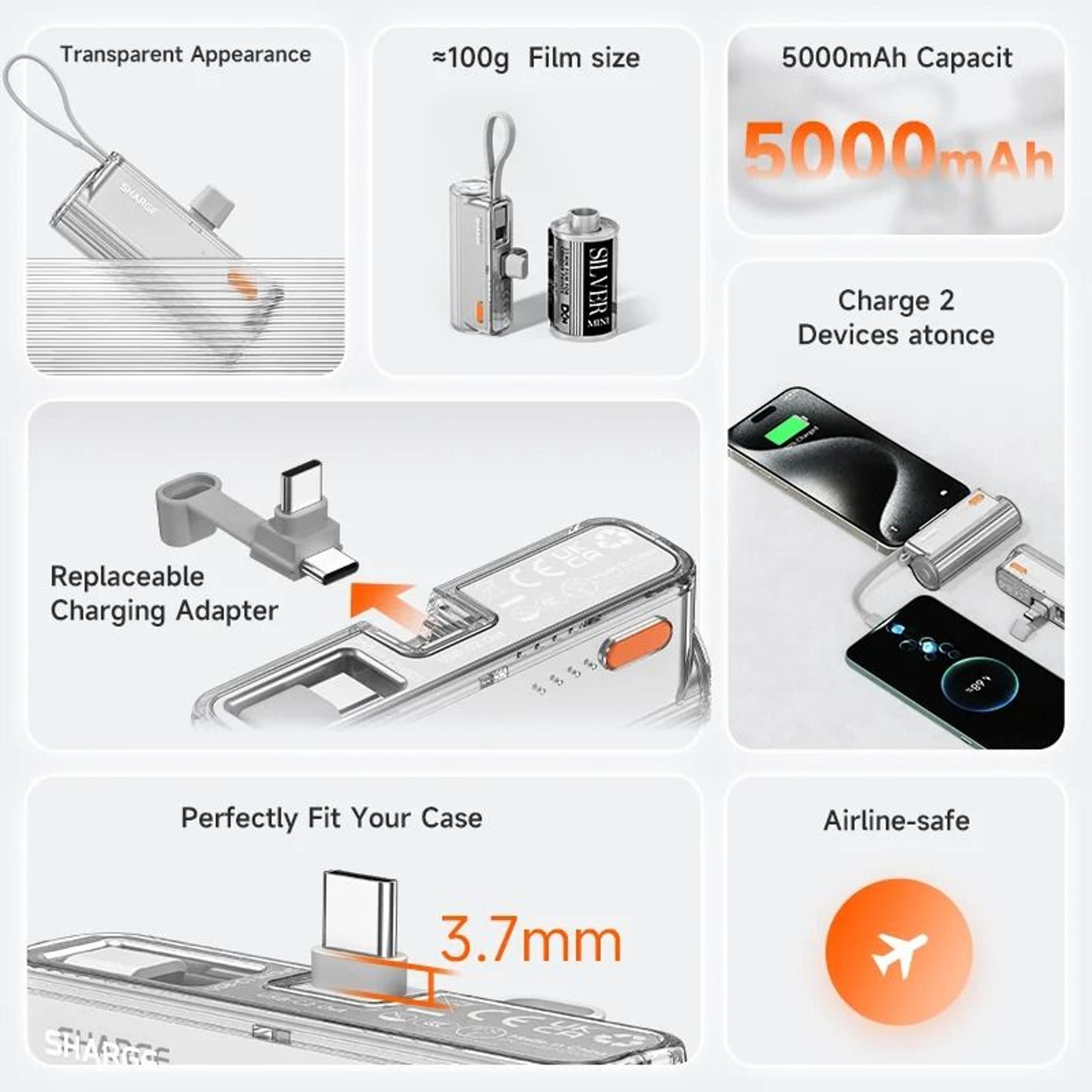 SHARGE Flow Mini 5000mAh Power Bank  Integrated USBC  Lightning Connectors For IPhone 15  Samsung 1