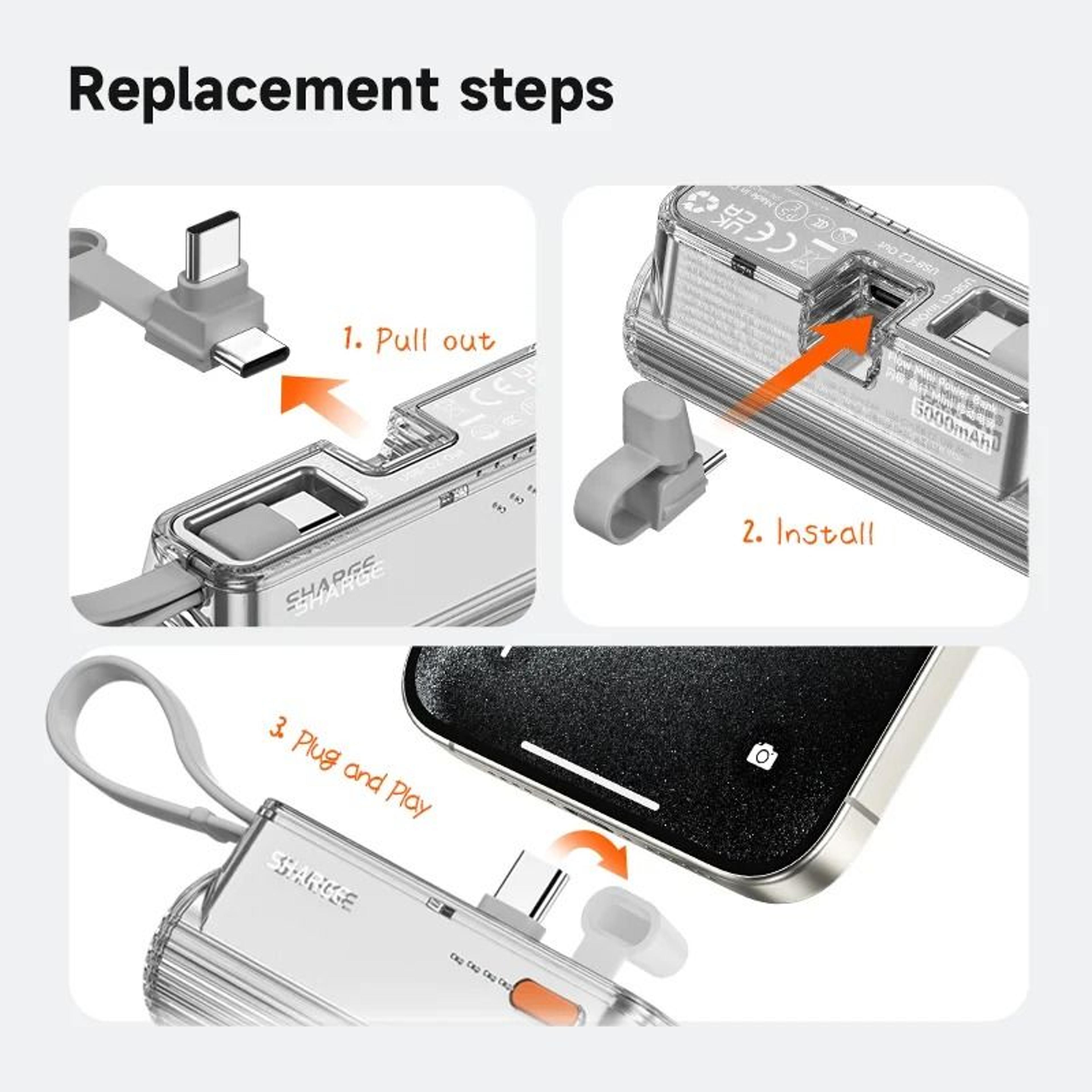 SHARGE Flow Mini 5000mAh Power Bank  Integrated USBC  Lightning Connectors For IPhone 15  Samsung 4