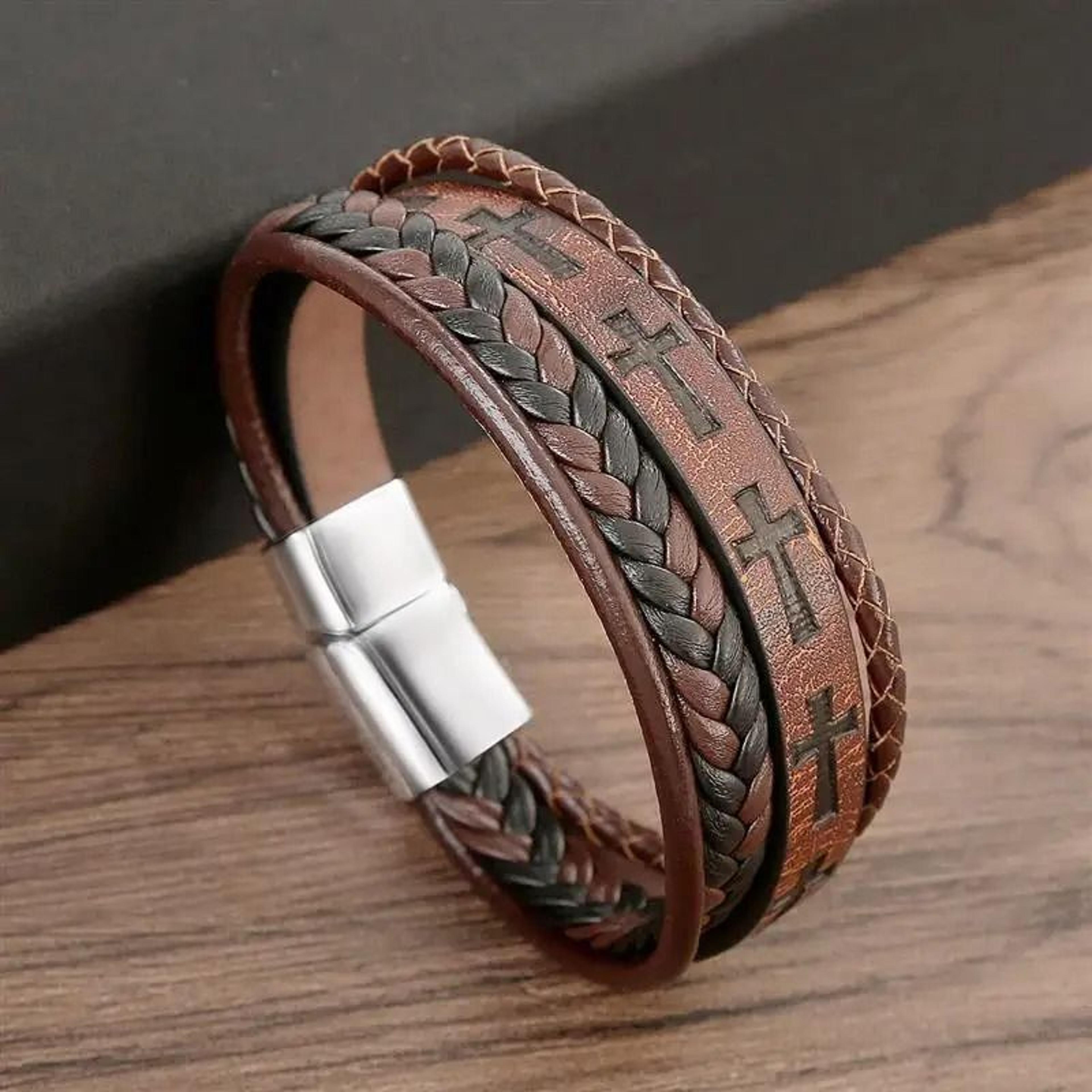 Vintage Handwoven Mens Leather Bracelet With Cross Logo HipHop Punk Jewelry Gift 7