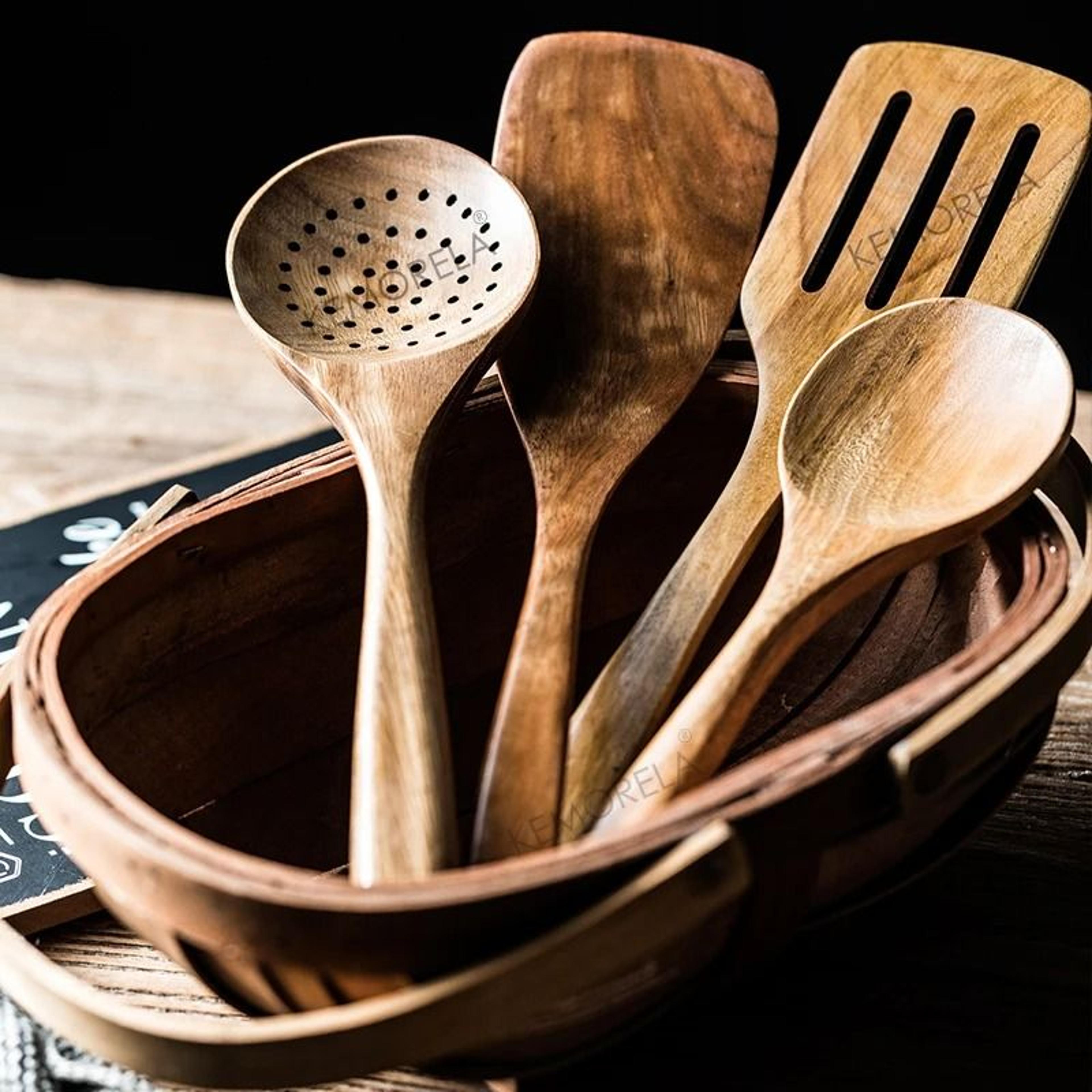 Premium 9Piece Teak Wooden Kitchen Utensils Set With Integrated Storage Holder 3