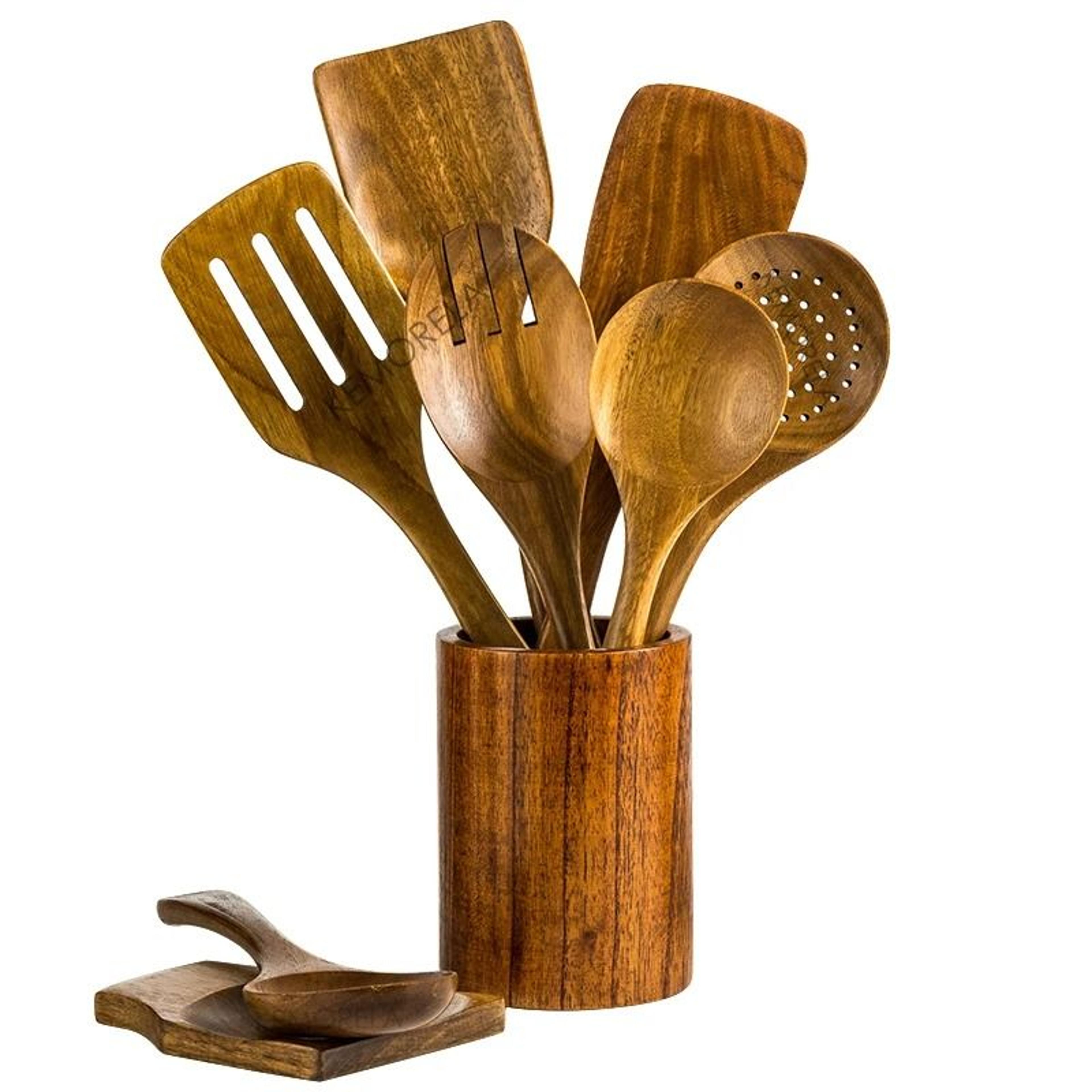 Premium 9Piece Teak Wooden Kitchen Utensils Set With Integrated Storage Holder 5