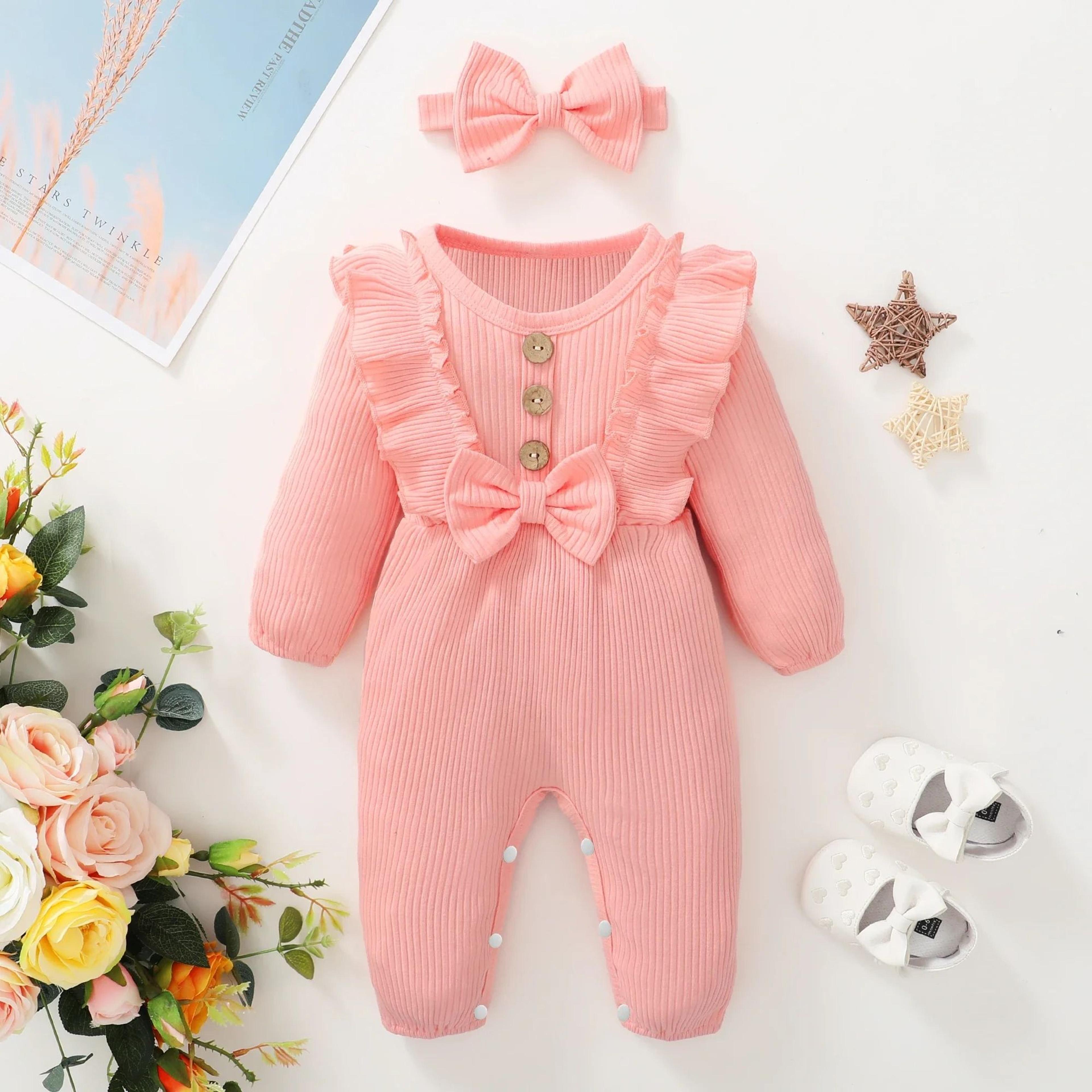 2Piece Newborn Girl Ruffle Romper  Headband  Long Sleeve AutumnWinter Bodysuit 1