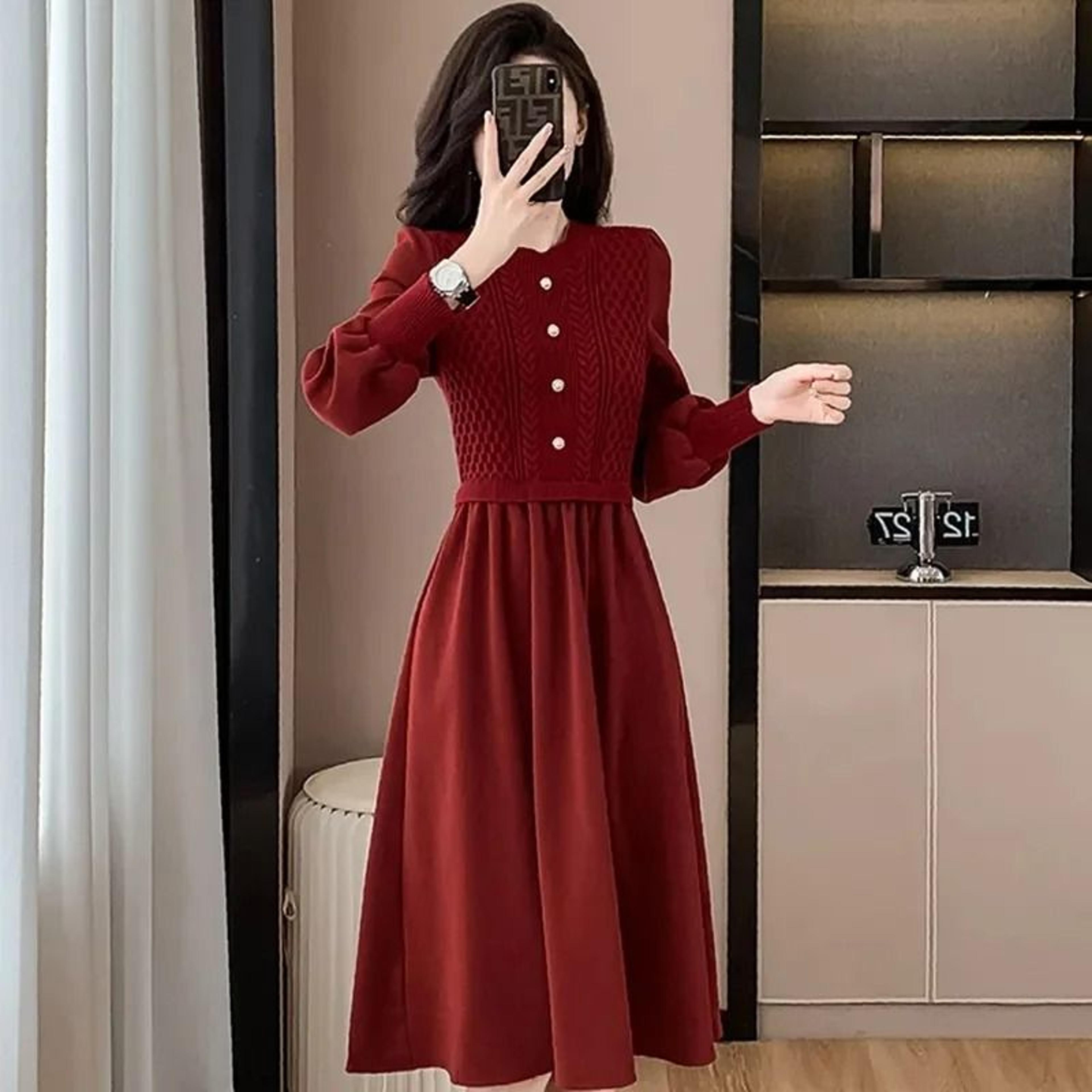 Casual ONeck Lantern Sleeve Fake Two Piece Knitted Dress Autumn Winter Ladies Long Sweater Dress 5