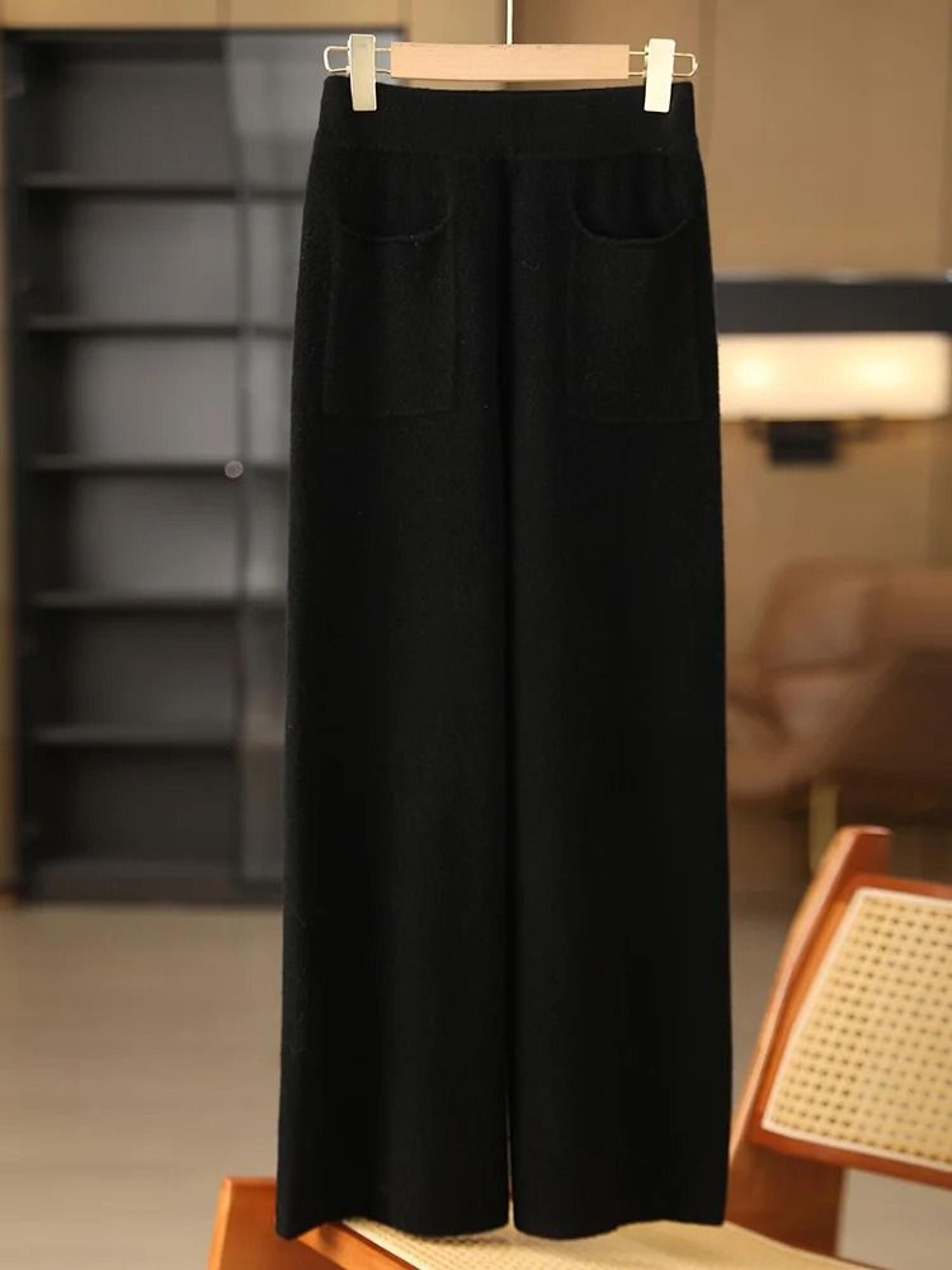 Women 100 Merino Wool Knitted Wide Leg Pants Autumn Winter Loose Soft Warm Bottoms With Pockets 1