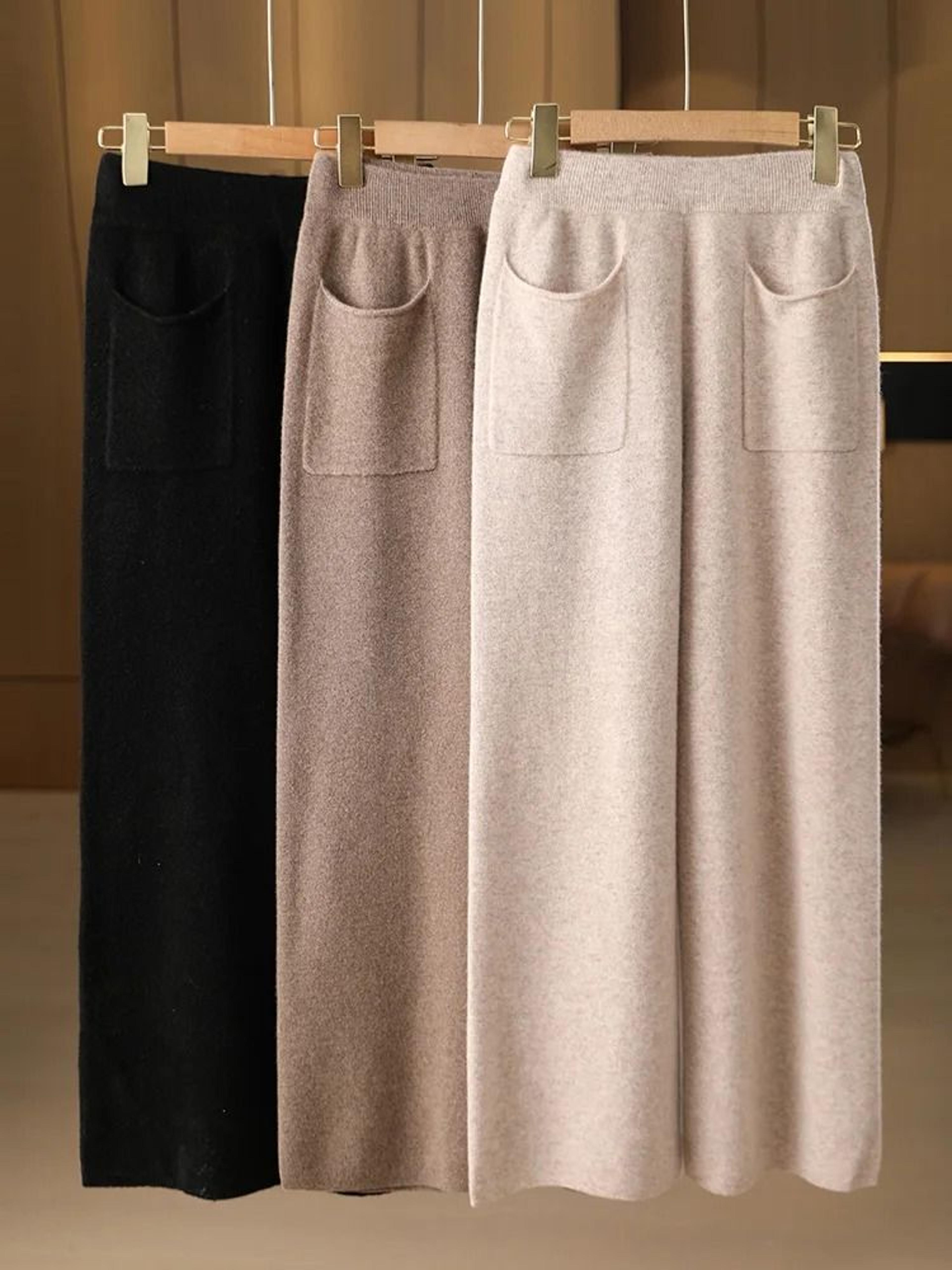 Women 100 Merino Wool Knitted Wide Leg Pants Autumn Winter Loose Soft Warm Bottoms With Pockets 3