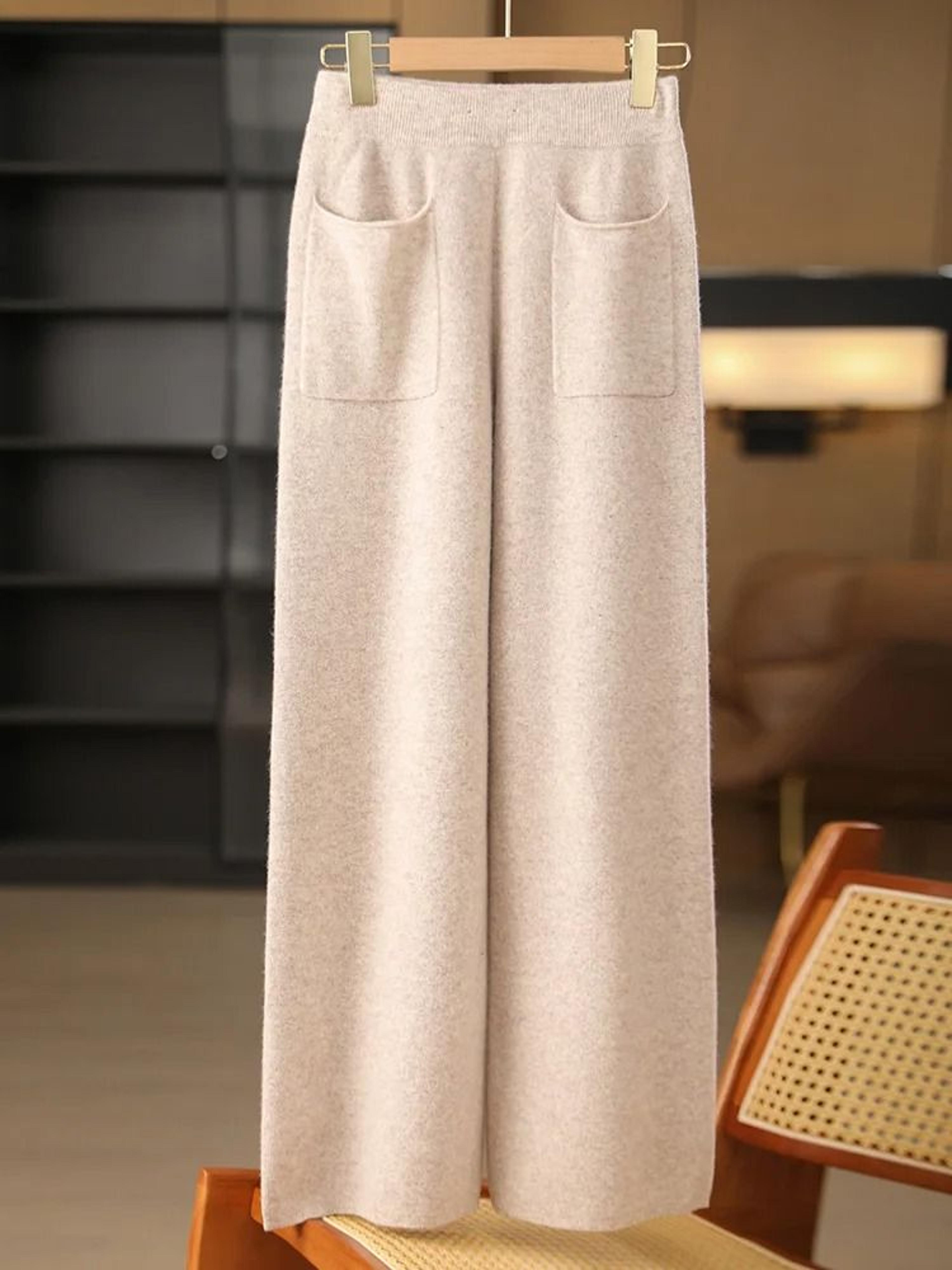 Women 100 Merino Wool Knitted Wide Leg Pants Autumn Winter Loose Soft Warm Bottoms With Pockets 7