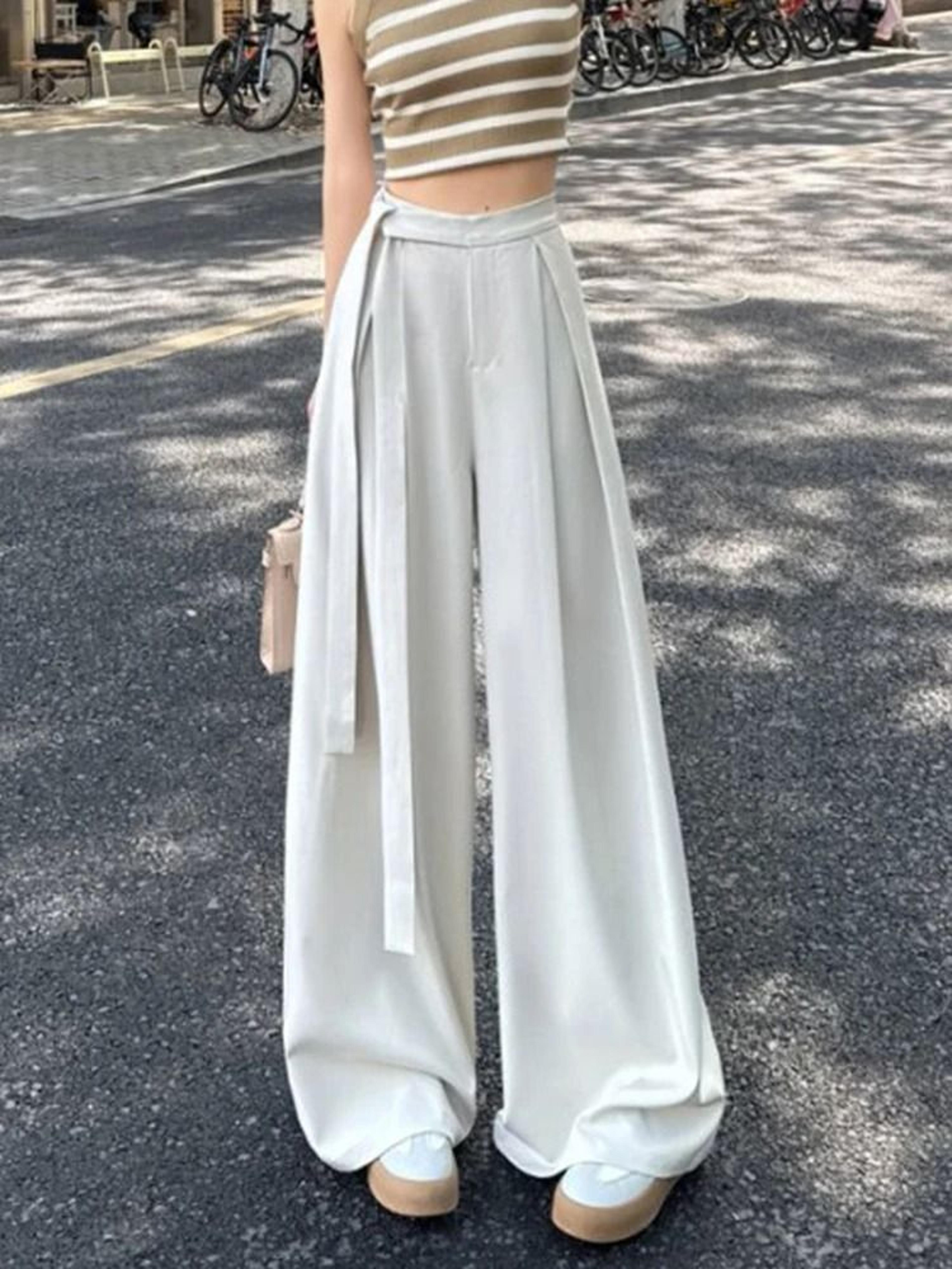 Botvotee Elegant Office Suit Pants High Waisted Wide Leg Baggy Blazer Trousers With Sashes 7