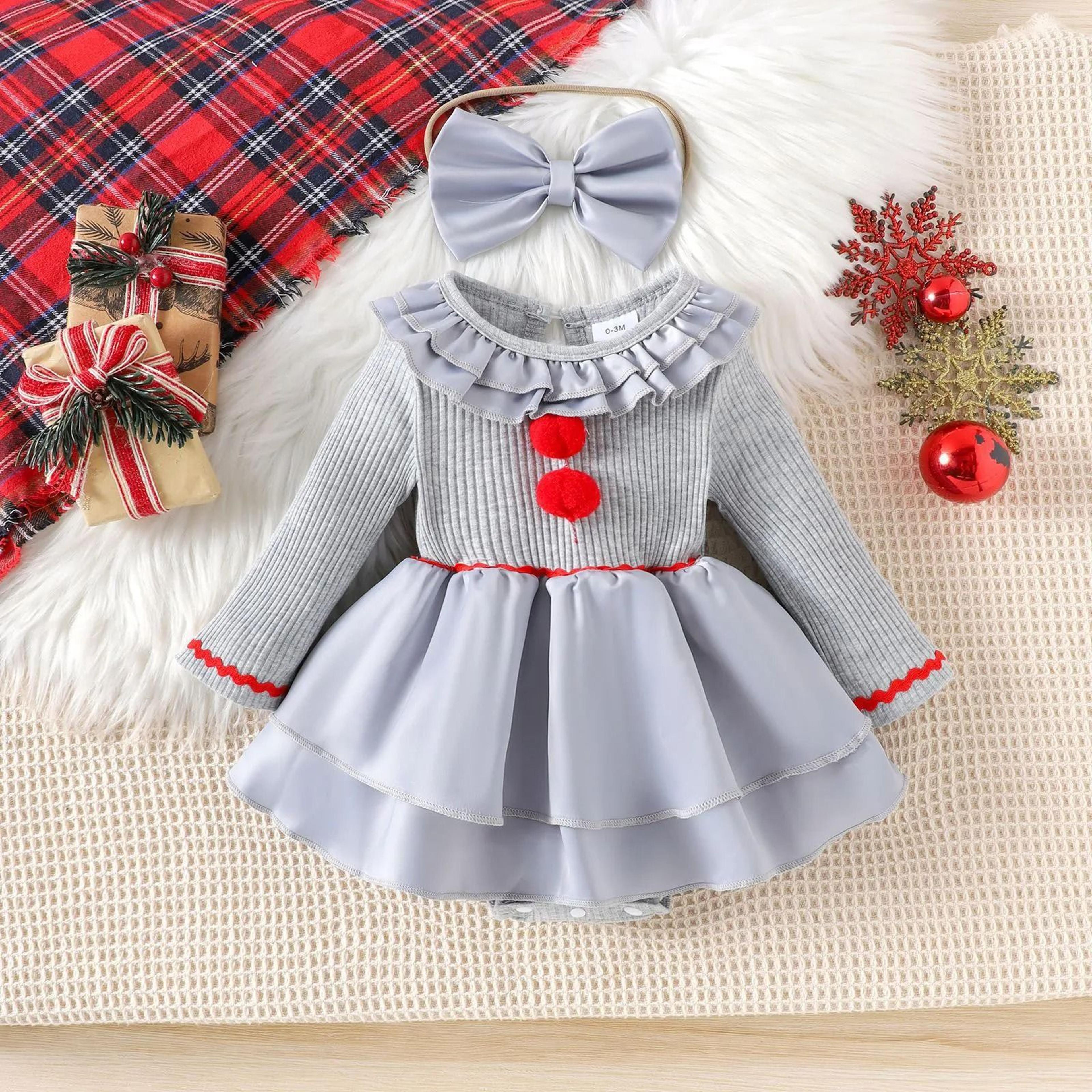 Baby Girl Creepy Clown Cosplay Costume  Premium Layered Gray Joker Dress Romper  Halloween Party Ou 2