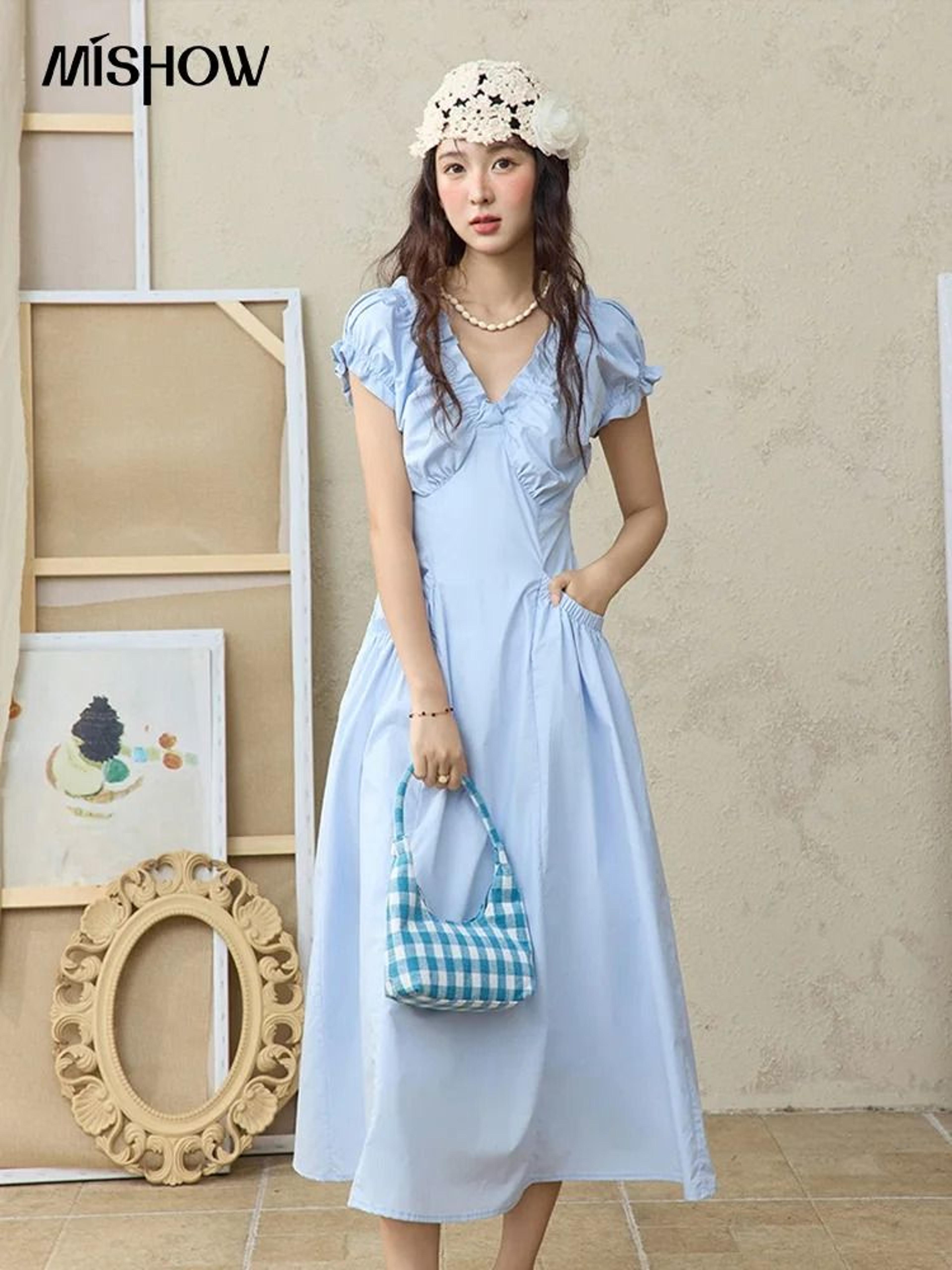 MISHOW VNeck Puff Sleeve Dress  Premium 100 Cotton Slim Midi Dress  Professional 2025 Summer Office 1