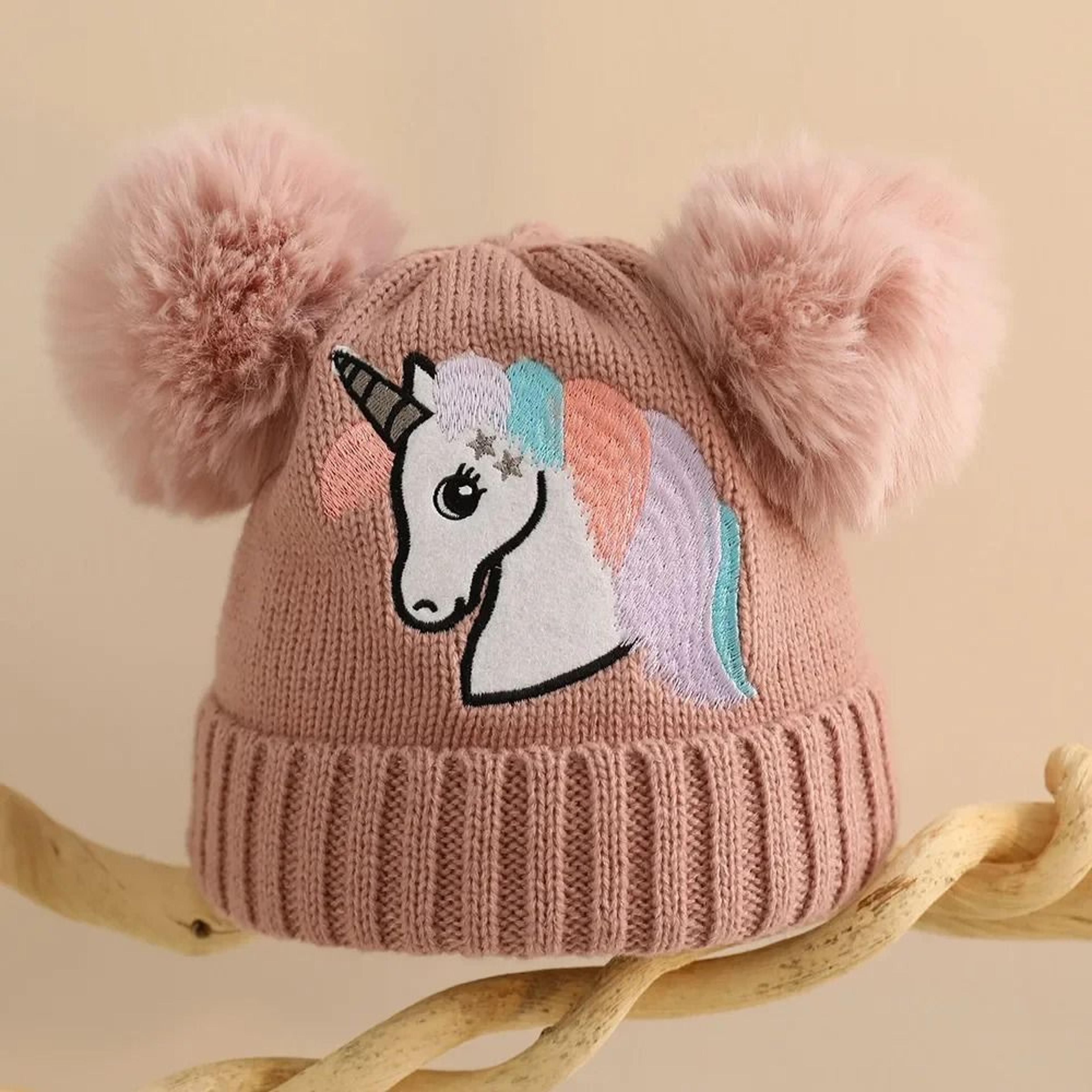 Cartoon Horse Knitted Winter Baby Hat Kids PomPom Ball Warm Bonnet 3
