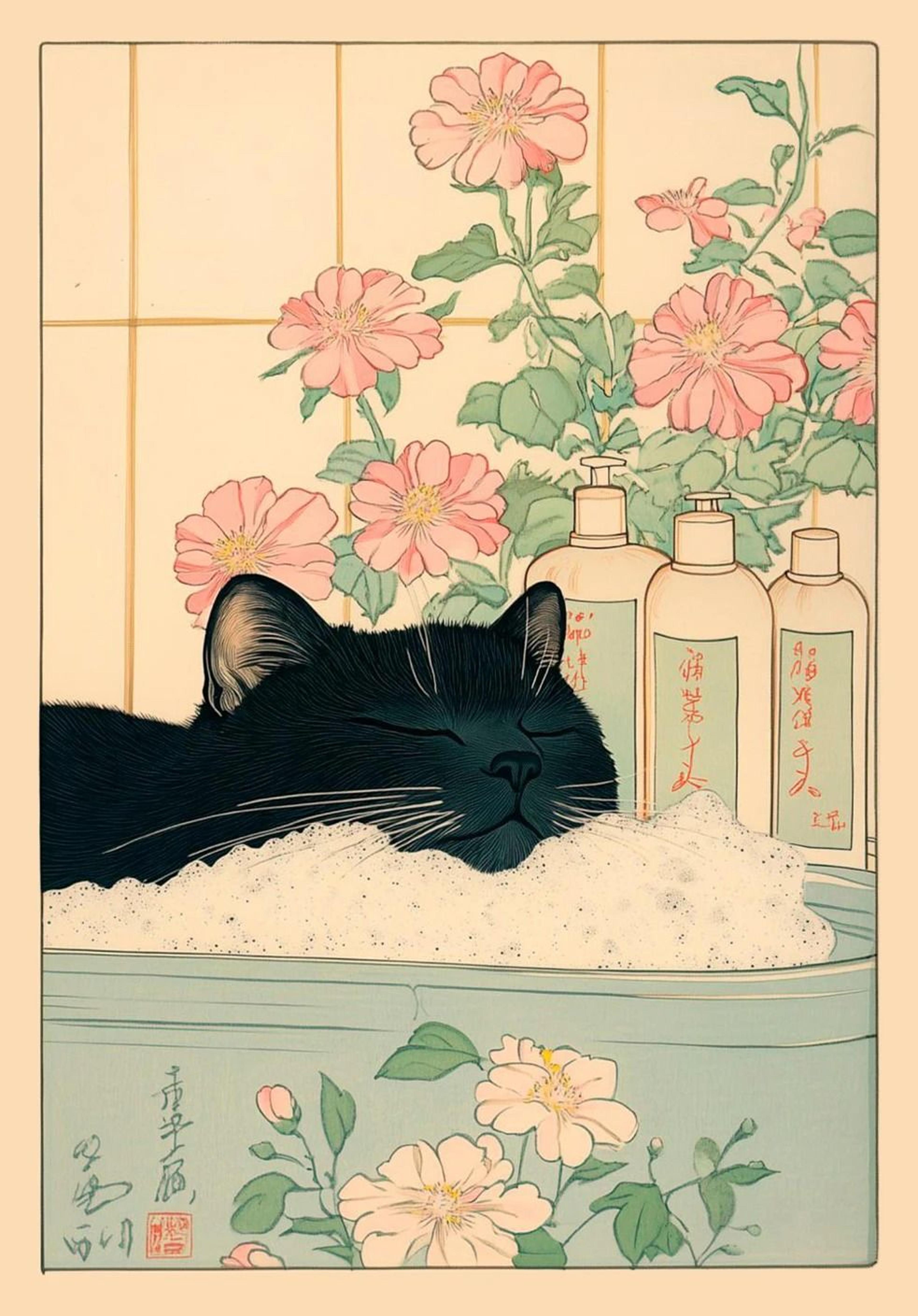 Japanese Tabby Cat In Bathtub Canvas Art  Retro Japandi Bathroom Poster 16