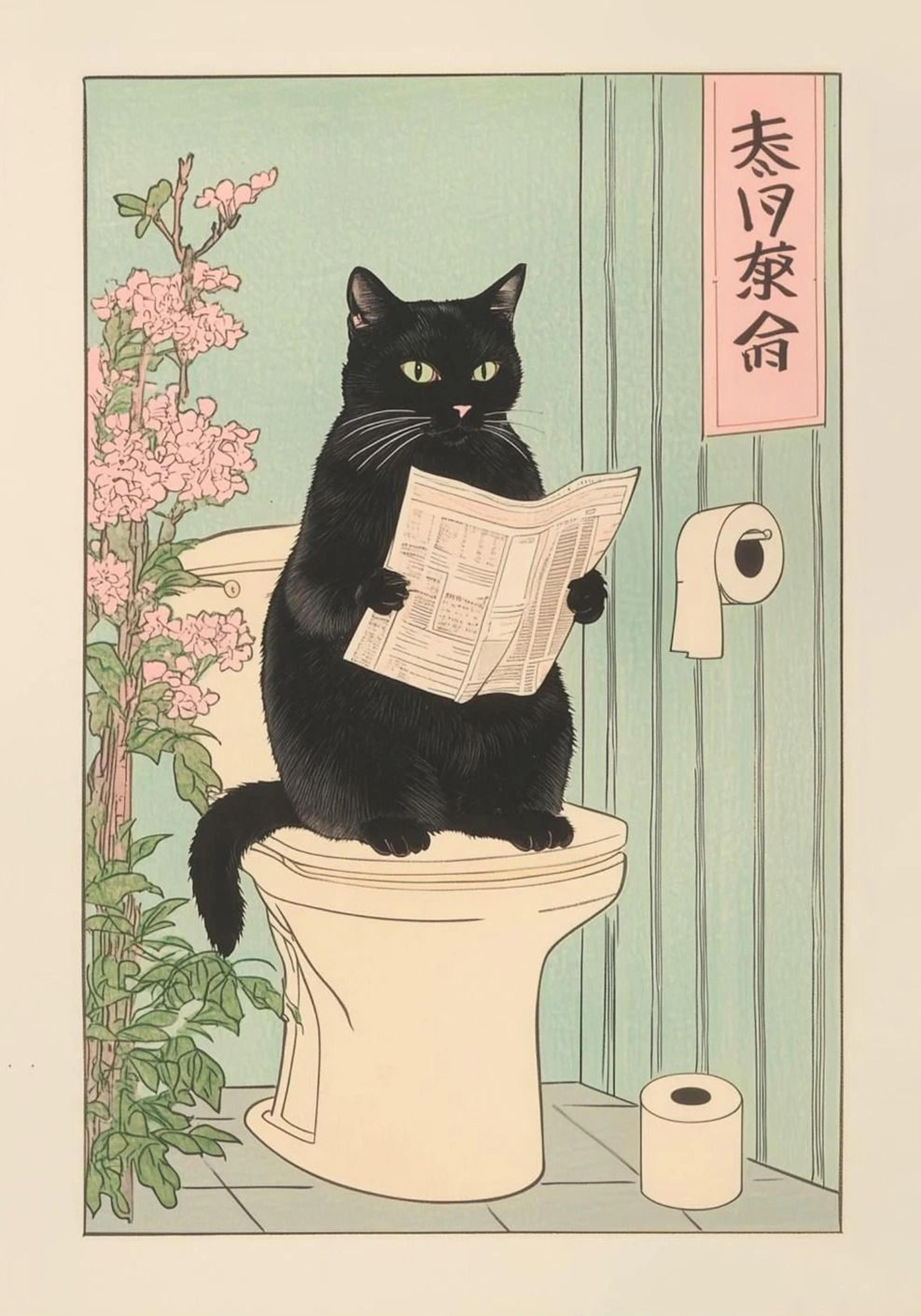 Japanese Tabby Cat In Bathtub Canvas Art  Retro Japandi Bathroom Poster 19
