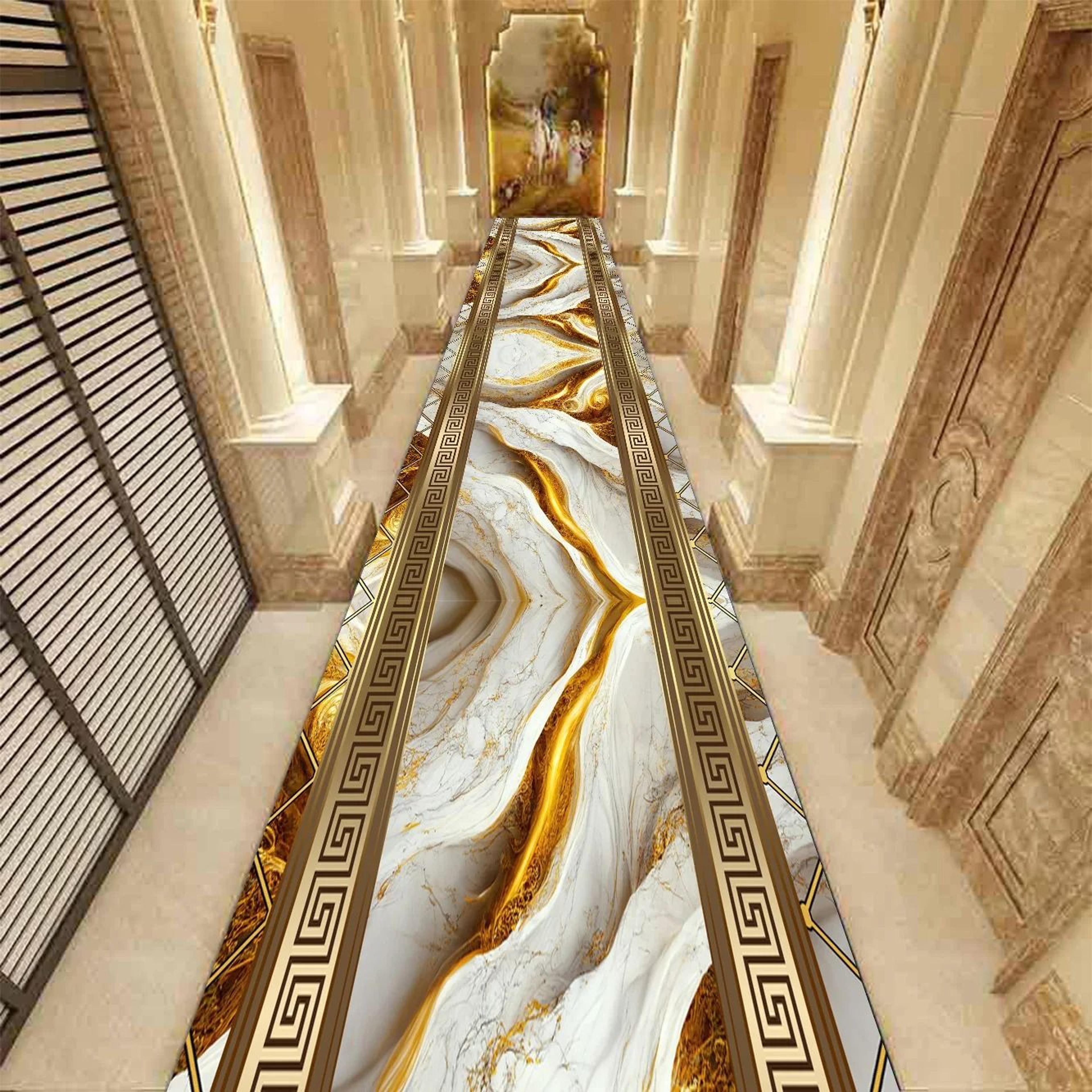 Golden Abstract Marble Corridor Carpet  Luxury NonSlip Hotel Passageway Runner 11