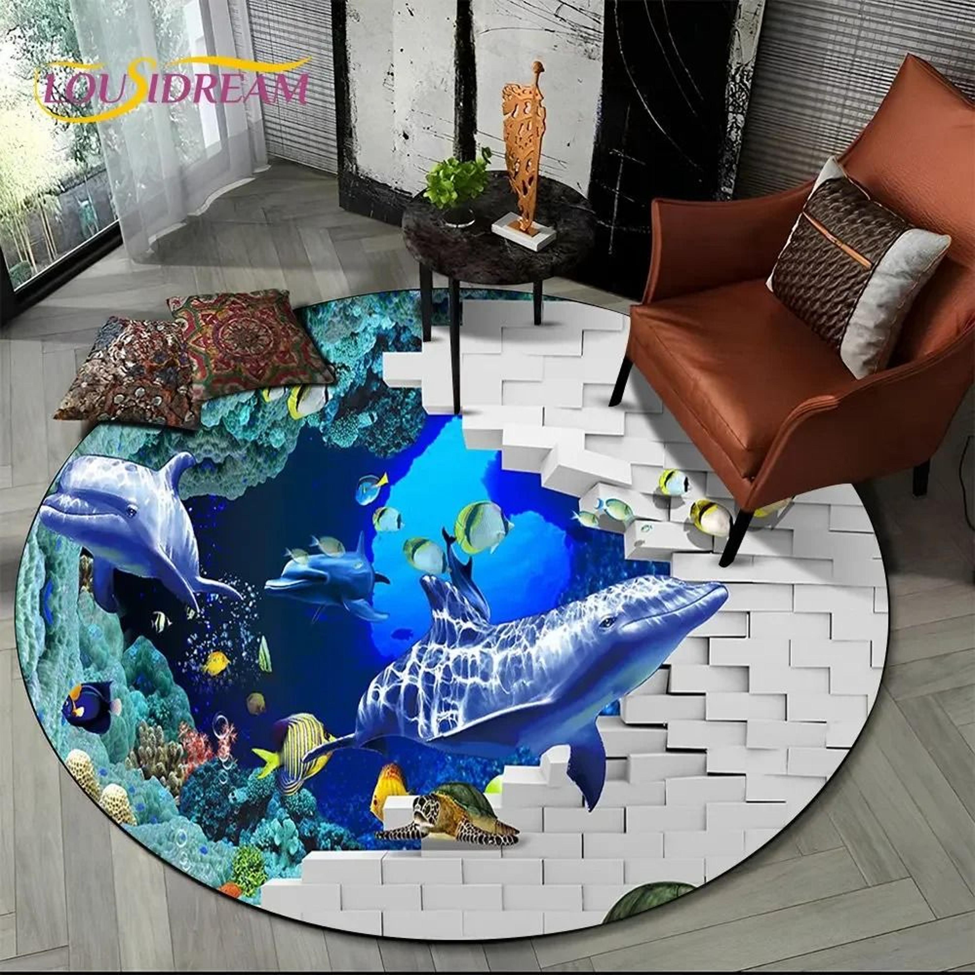 3D Seabed Illusion Dolphin Round Rug  Underwater World NonSlip Floor Mat 7
