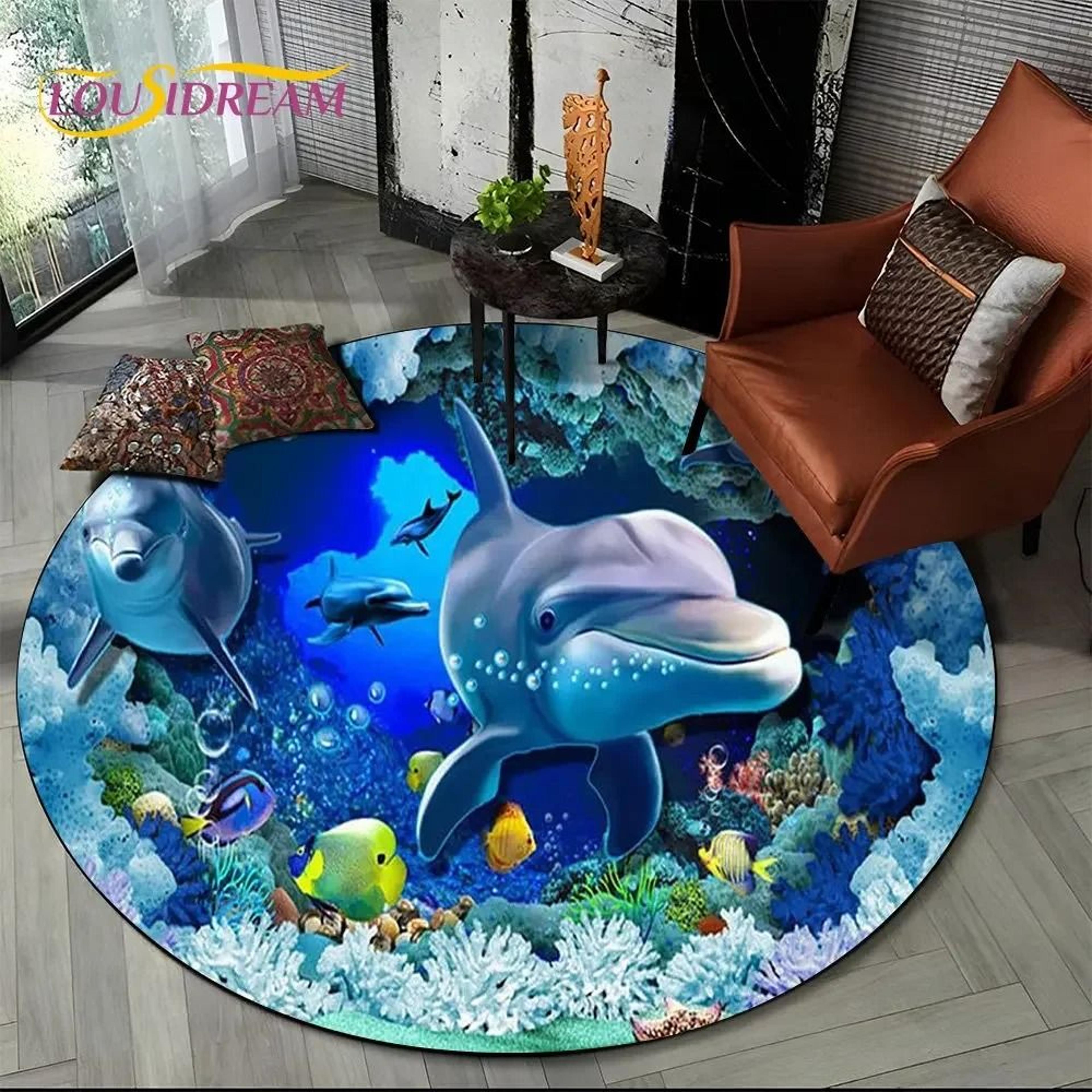 3D Seabed Illusion Dolphin Round Rug  Underwater World NonSlip Floor Mat 18