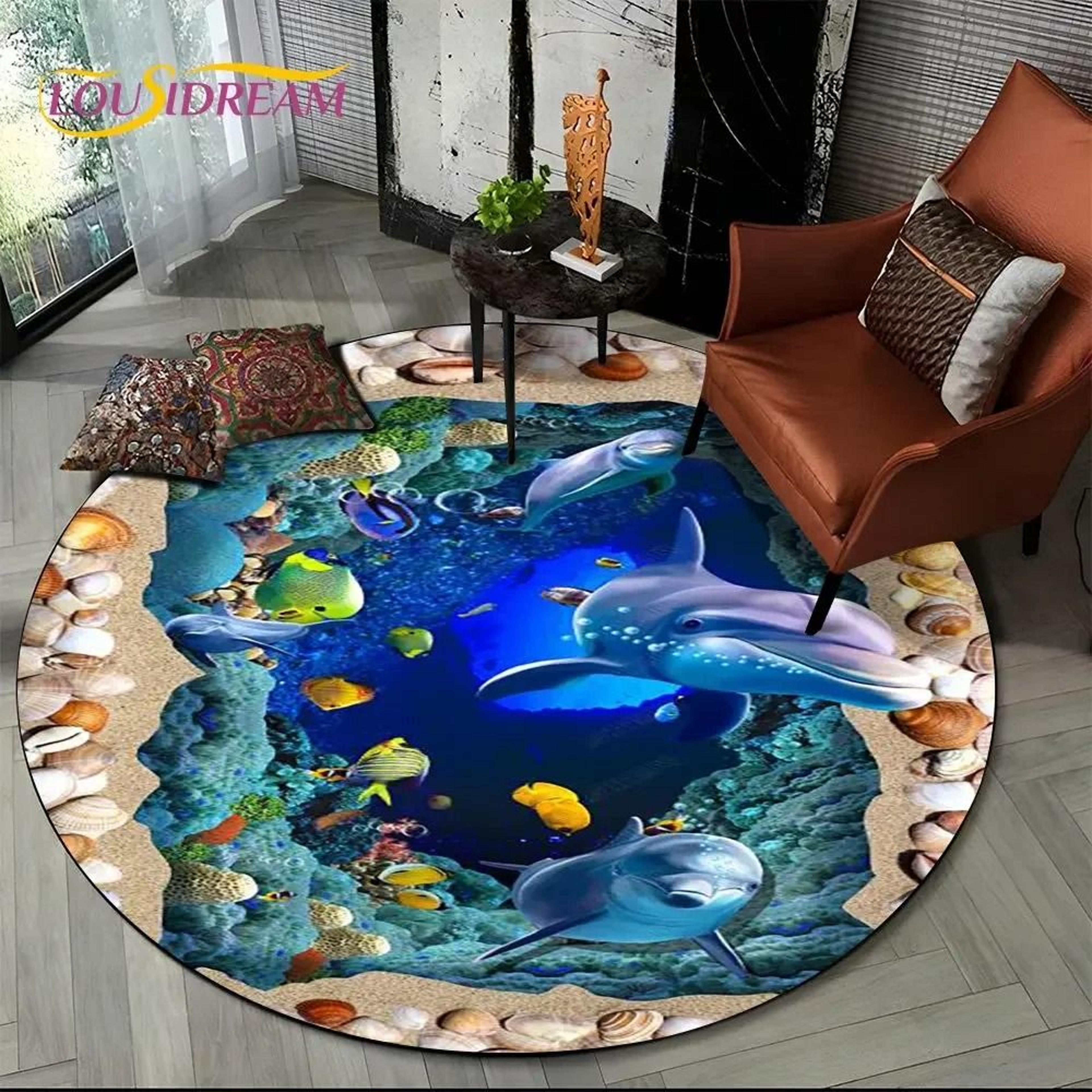 3D Seabed Illusion Dolphin Round Rug  Underwater World NonSlip Floor Mat 26
