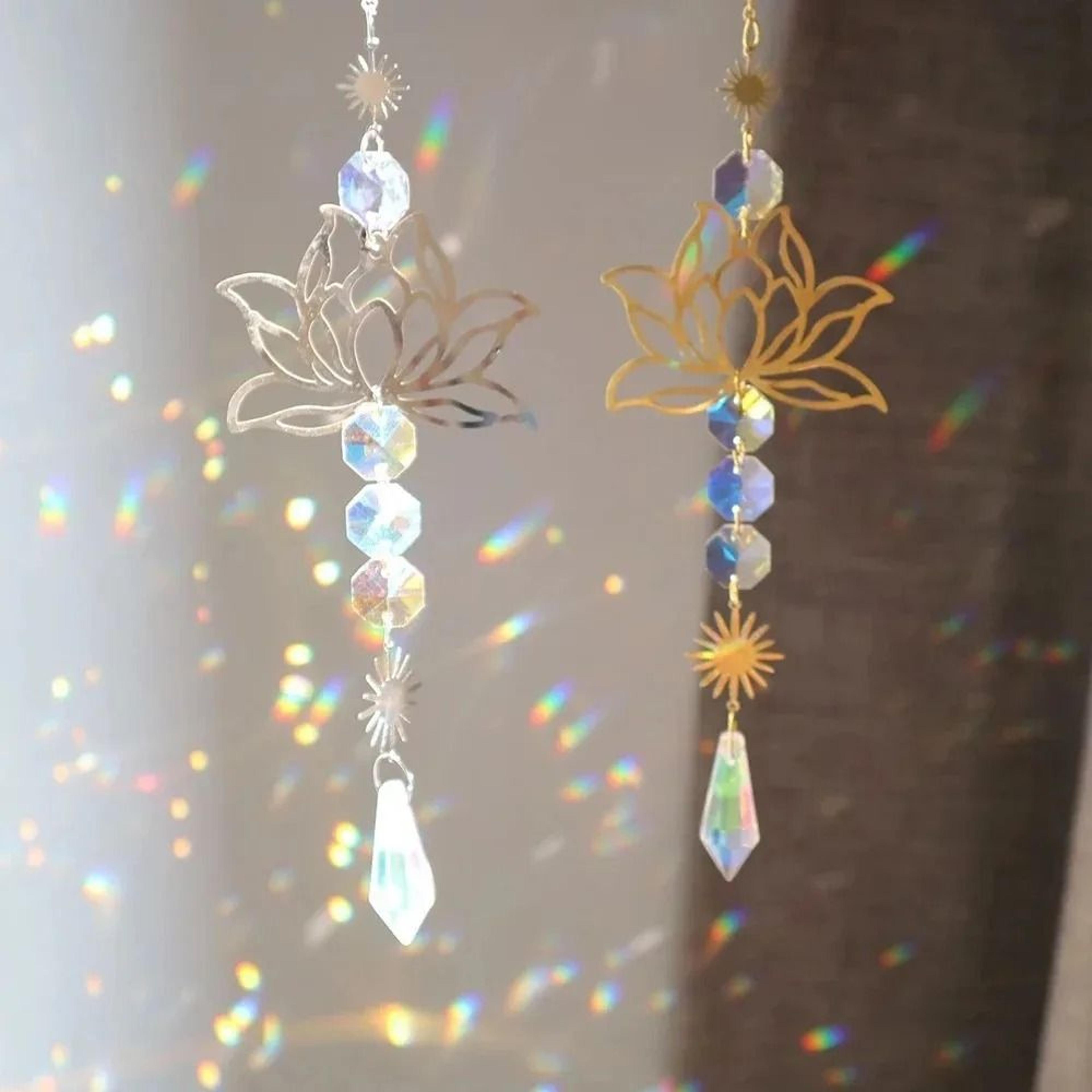 Lotus Crystal Suncatcher Pendant  Handmade Metal  Prism Wind Chime Charm 1
