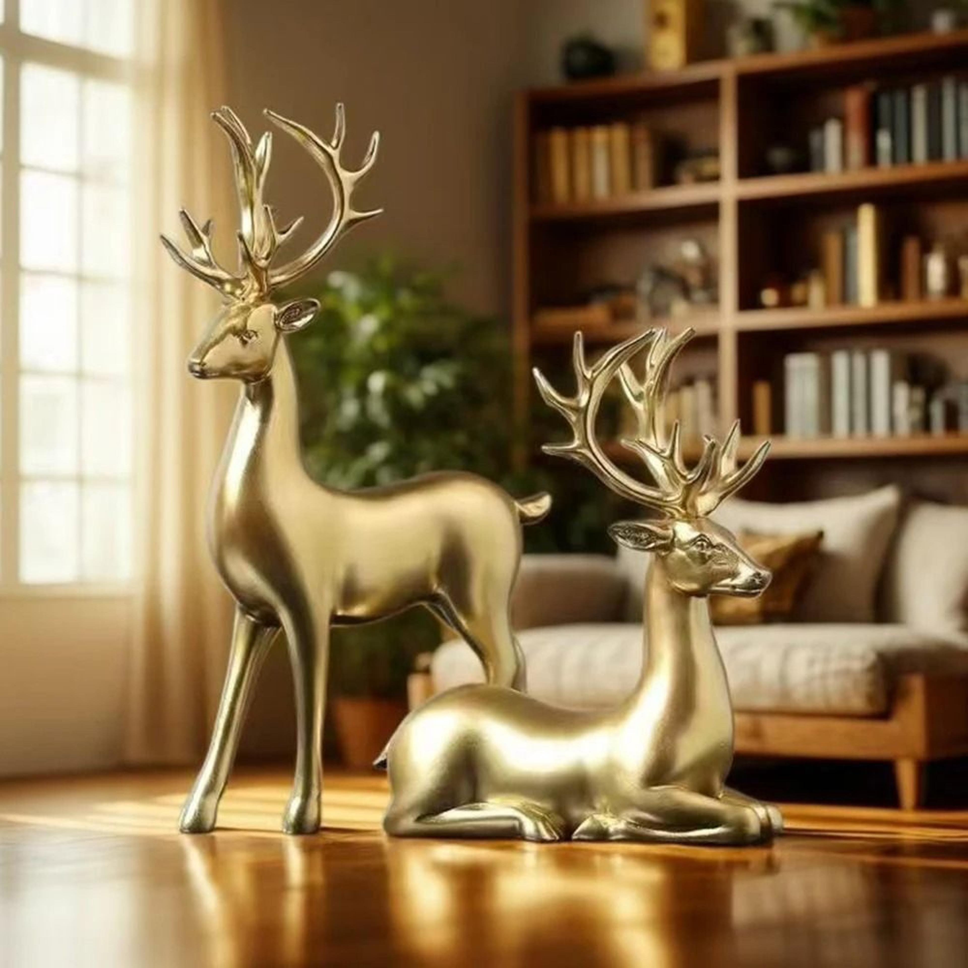 Golden Reindeer Christmas Table Decor  2Piece Elegant Elk Home Statue Set 5