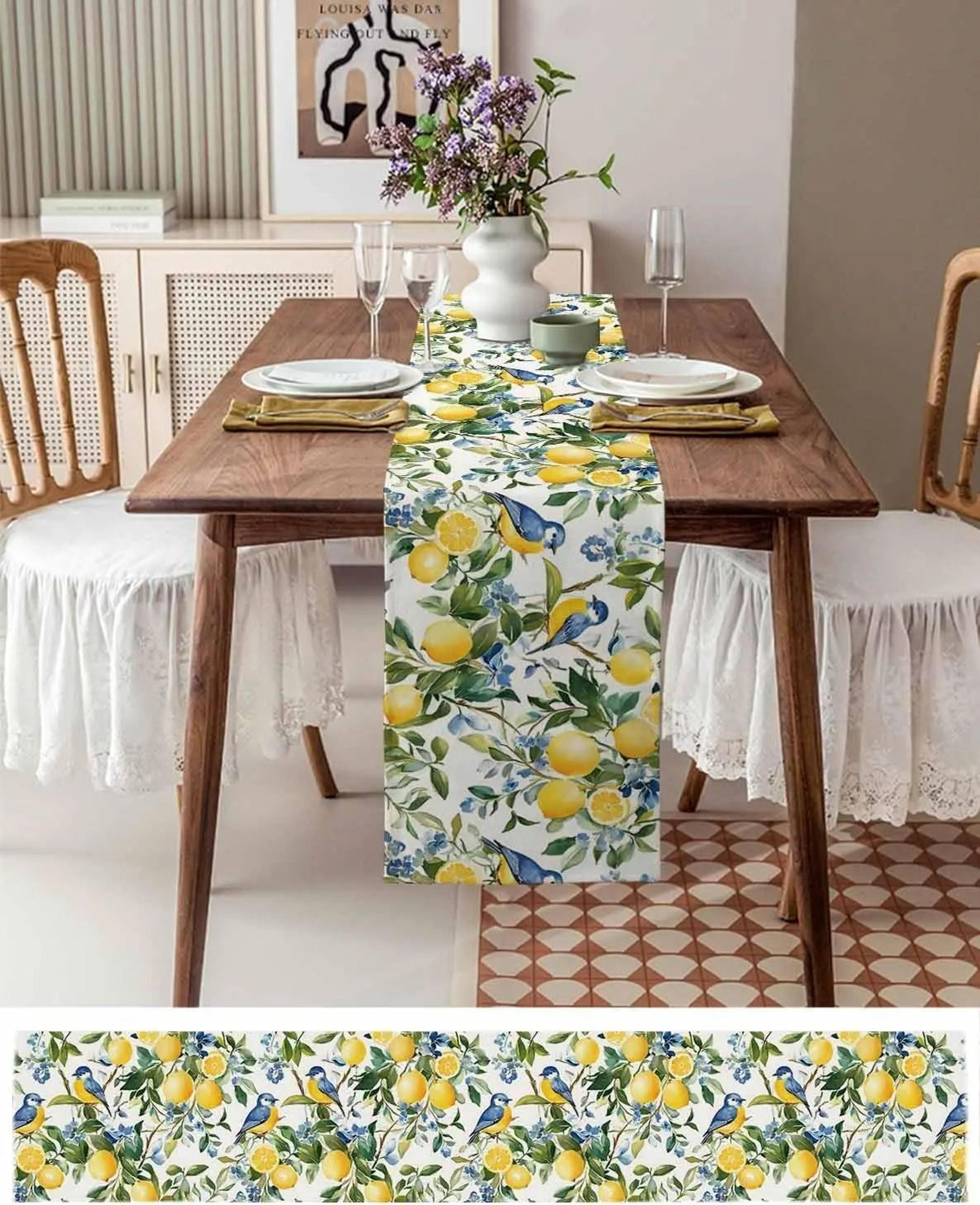 Lemon Tree  Blue Birds Linen Table Runner  Vintage Watercolor Fruit Dresser Scarf 1