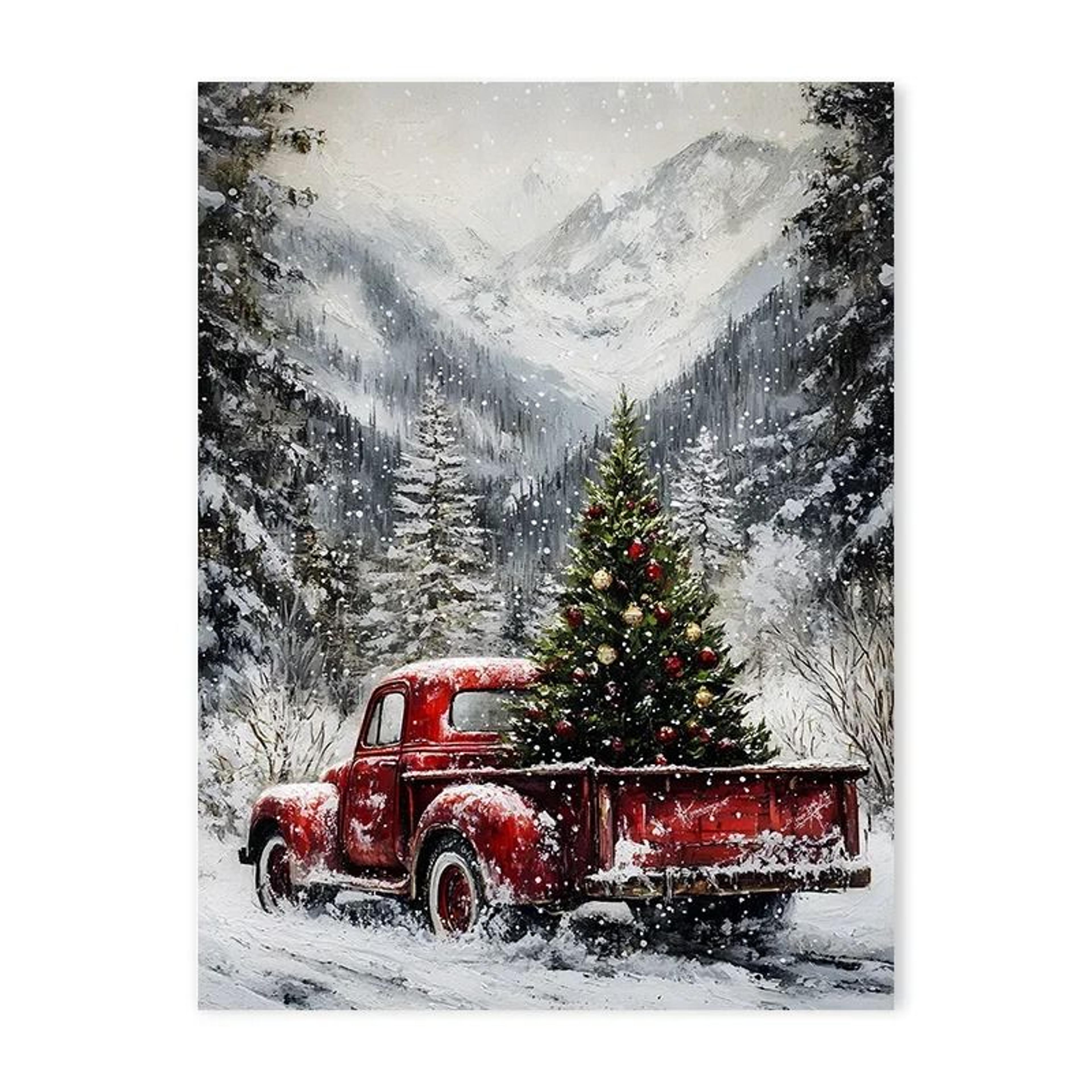 Vintage Red Truck  Winter Snow Canvas Art  Nordic Reindeer  Fireplace Holiday Decor 8