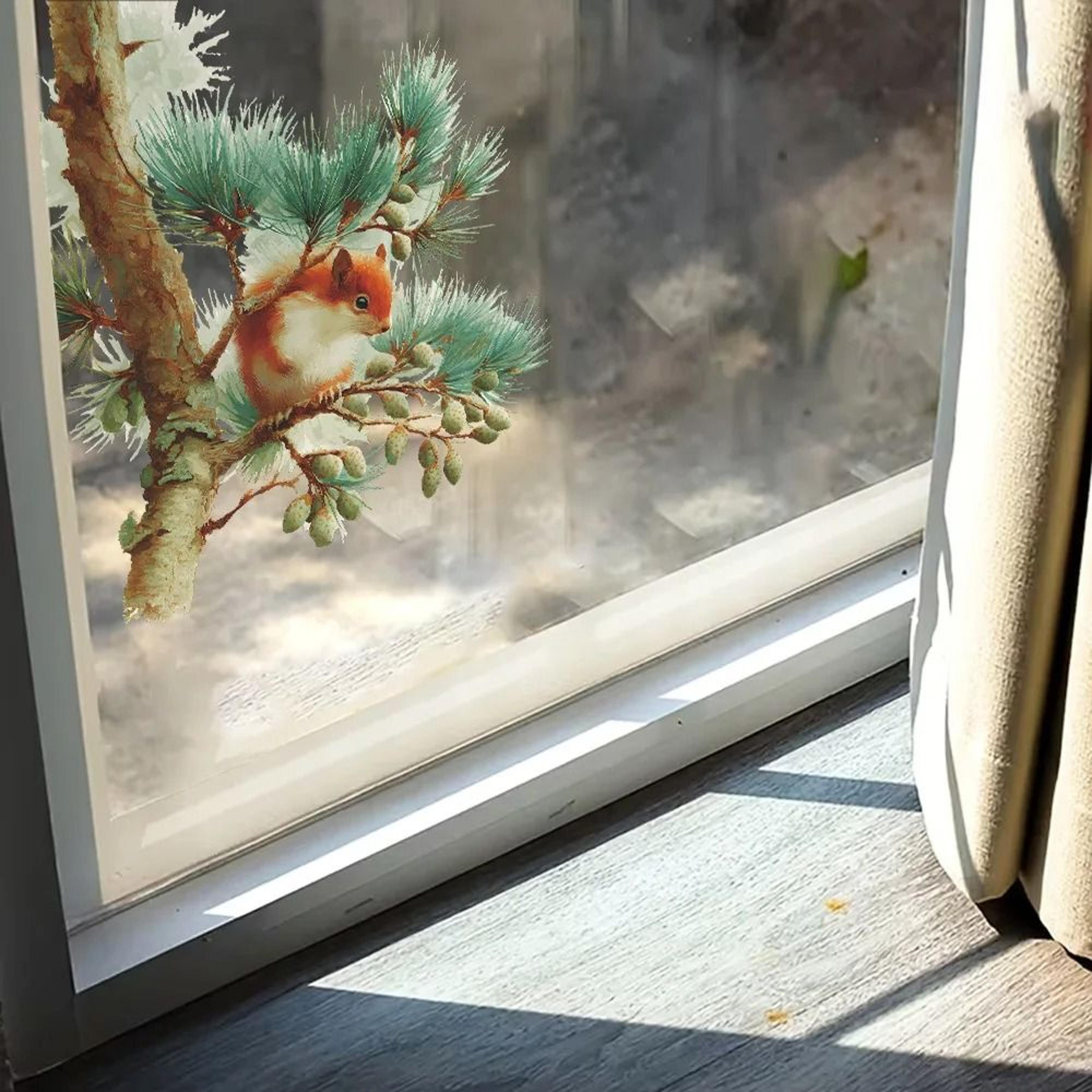 Squirrels Collecting Food Wall Sticker  Whimsical Forest Mural For Bedroom  Windows 5