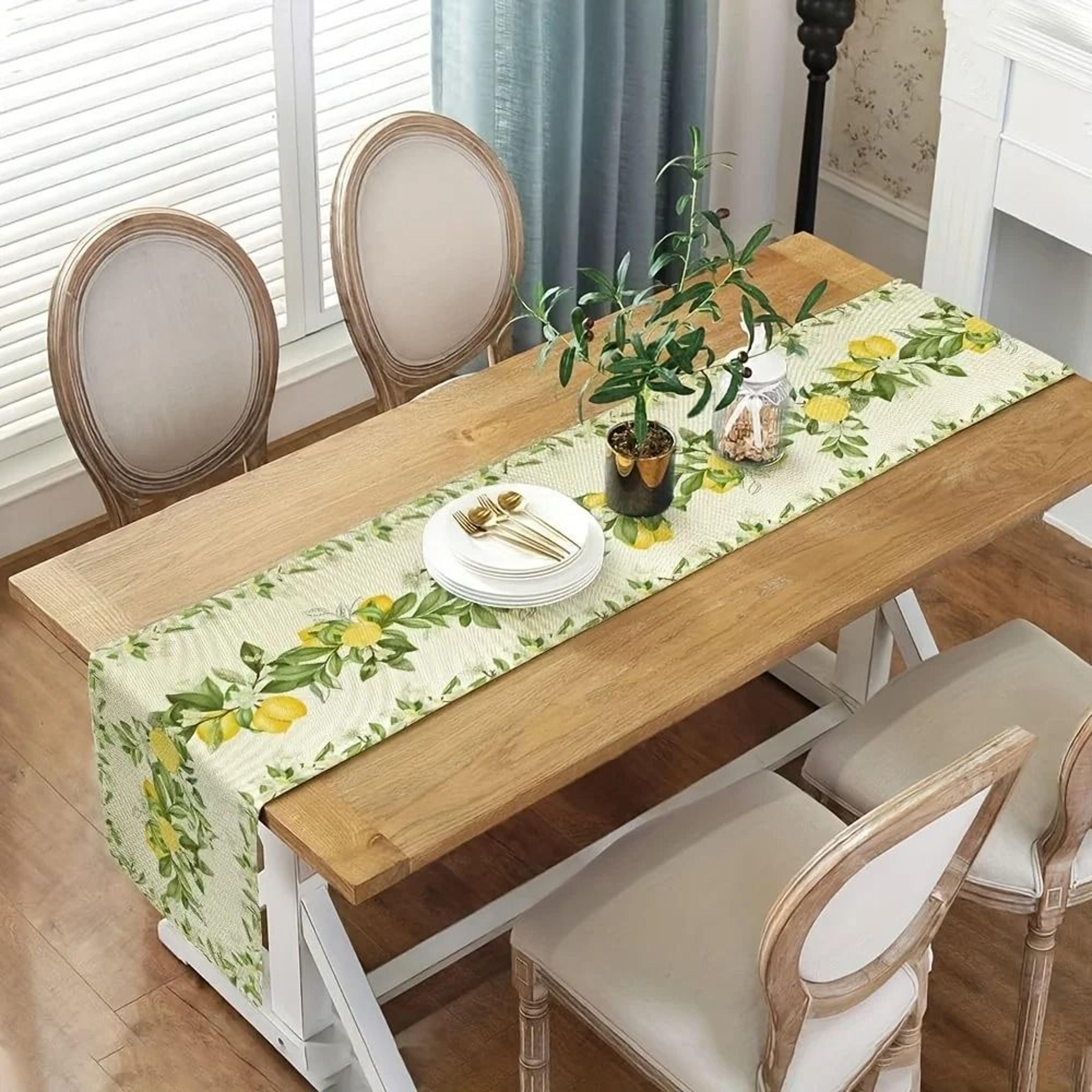 Spring Summer Lemon  Floral Table Runner  Seasonal Botanical Linen Dresser Scarf 3