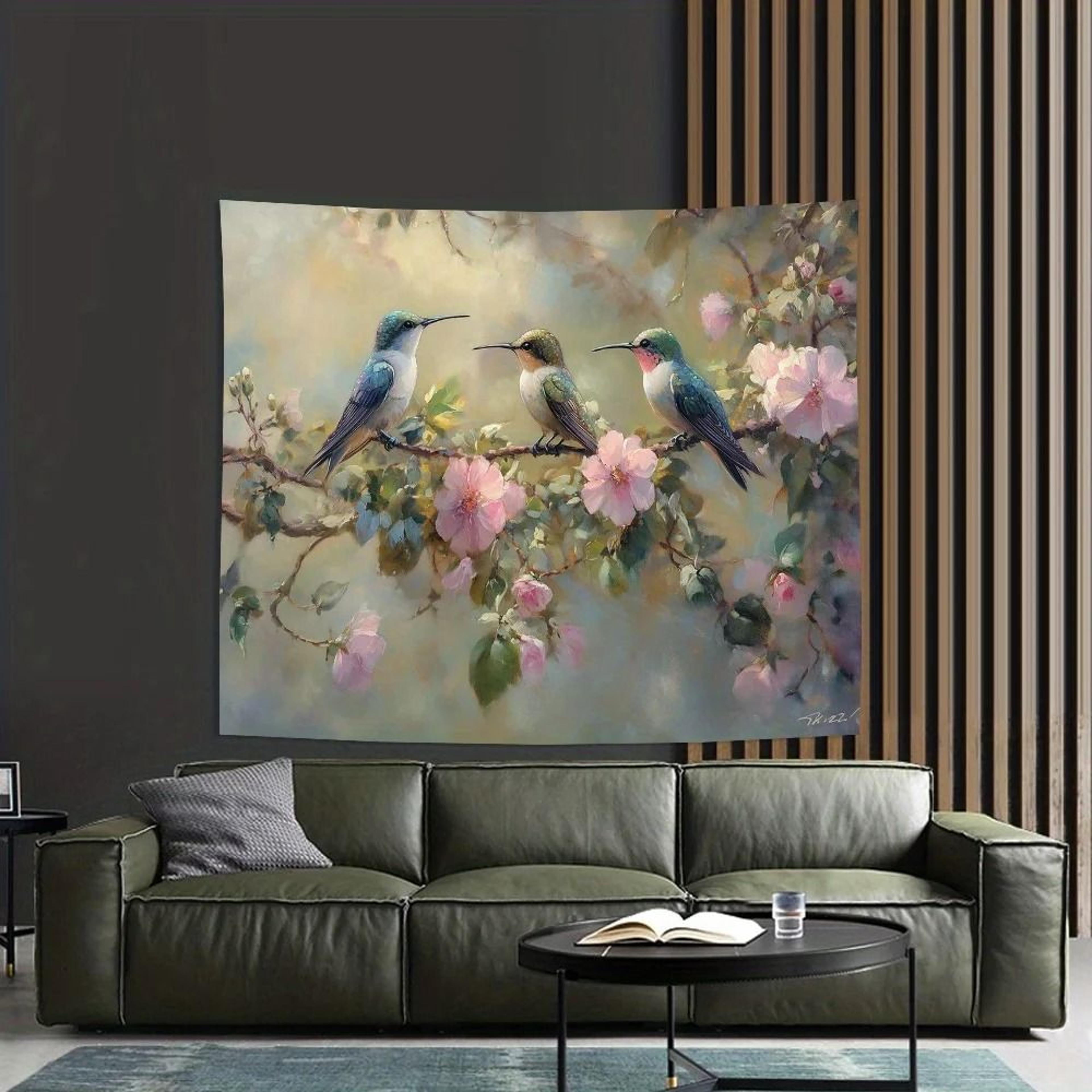 Majestic Hummingbird  Soft Floral Tapestry  Elegant Botanical Wall Hanging For Bedroom Office  Stud 3