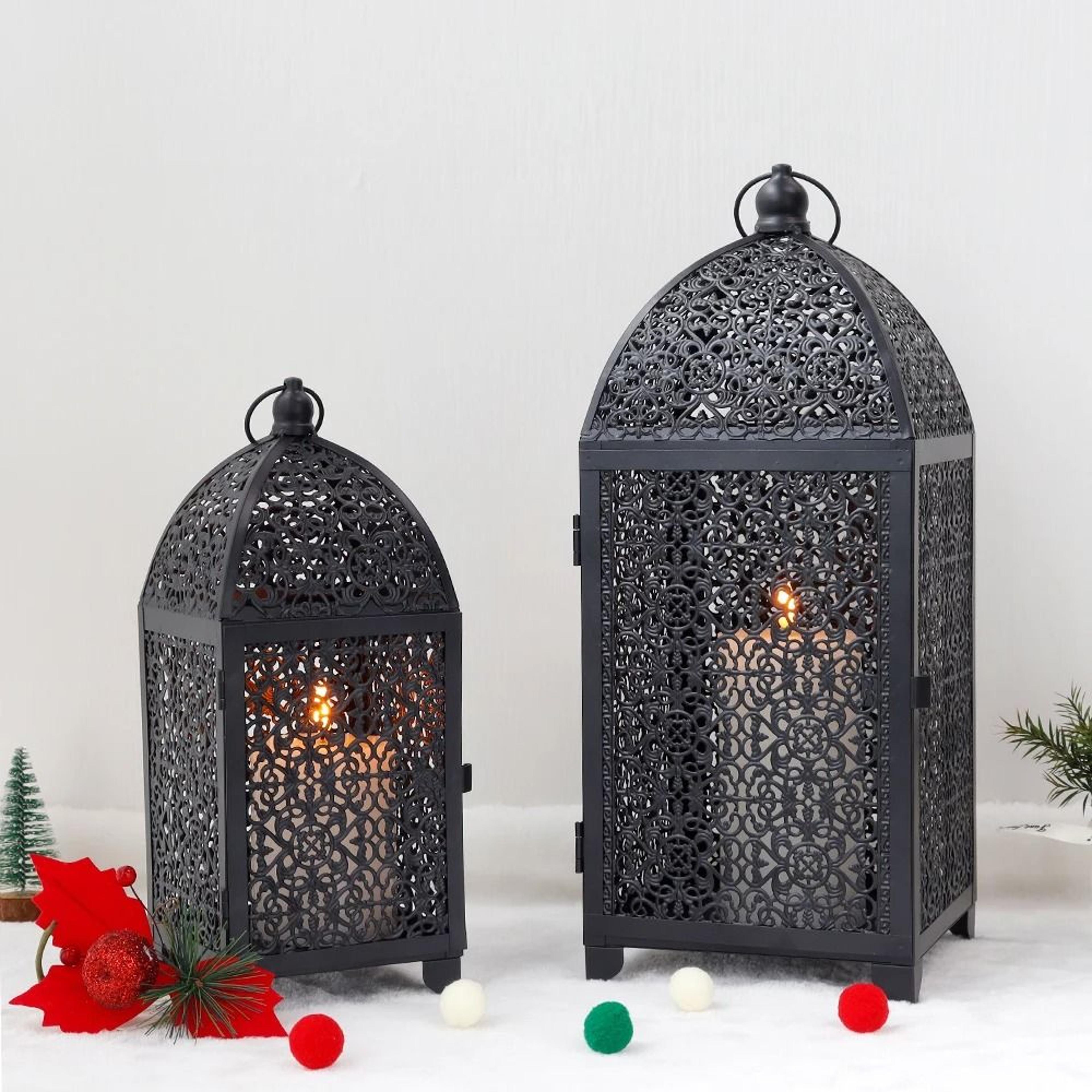 2 Pcs Black Metal Candle Lanterns  Ornate Hollow Pattern Hanging Holders For Garden Patio  Modern H 4