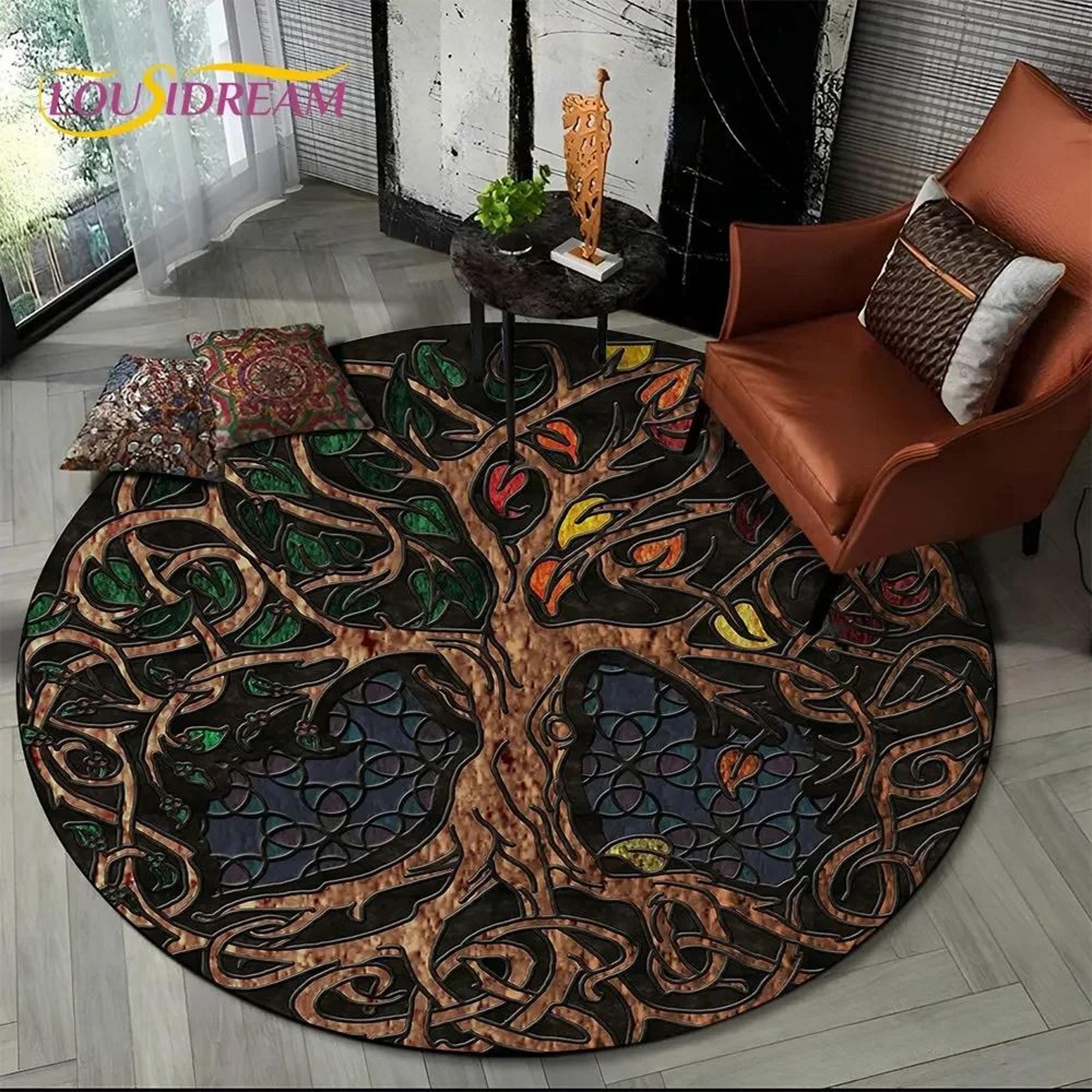 Viking Valknut Yggdrasil Round Rug  Nordic Tree Of Life Carpet  Mythic NonSlip Floor Mat 10