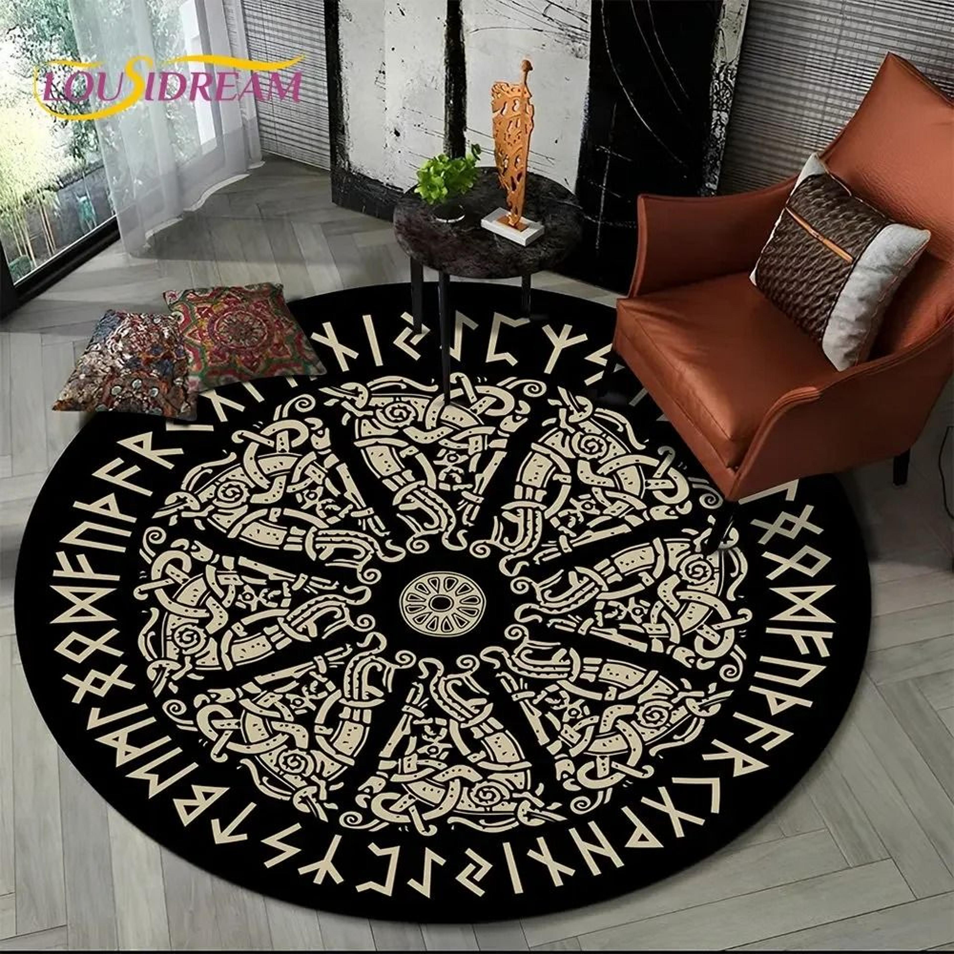 Viking Valknut Yggdrasil Round Rug  Nordic Tree Of Life Carpet  Mythic NonSlip Floor Mat 11