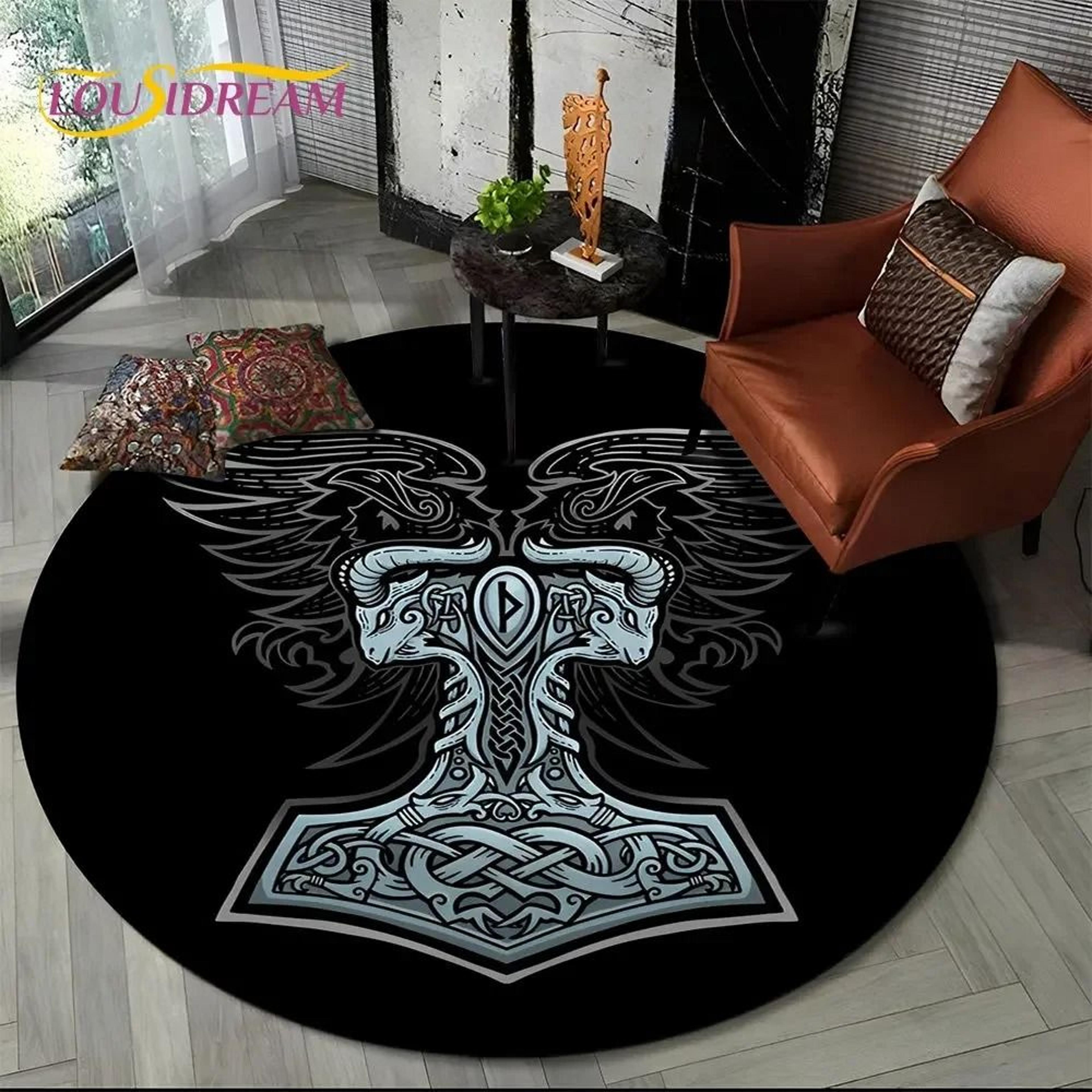 Viking Valknut Yggdrasil Round Rug  Nordic Tree Of Life Carpet  Mythic NonSlip Floor Mat 15