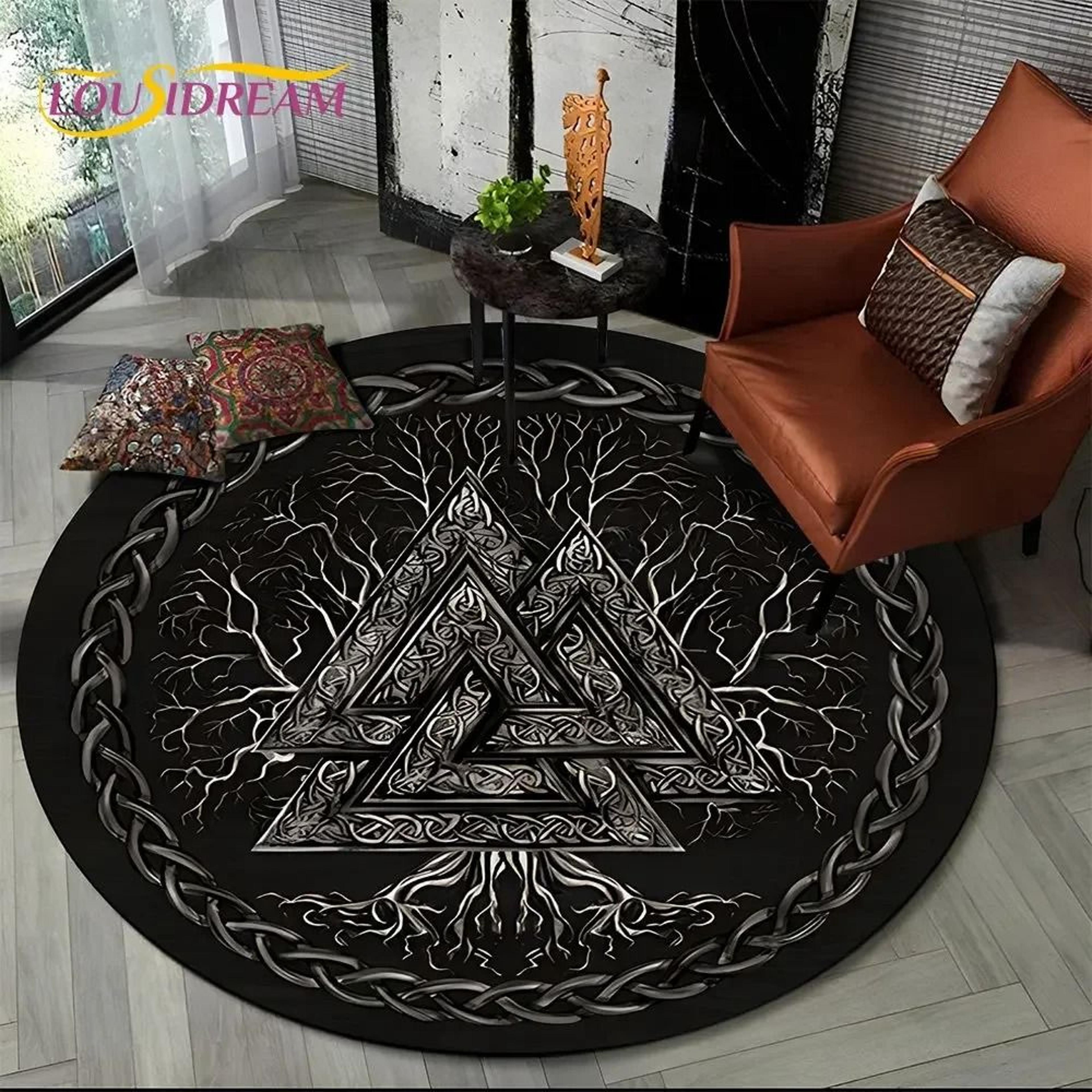 Viking Valknut Yggdrasil Round Rug  Nordic Tree Of Life Carpet  Mythic NonSlip Floor Mat 1