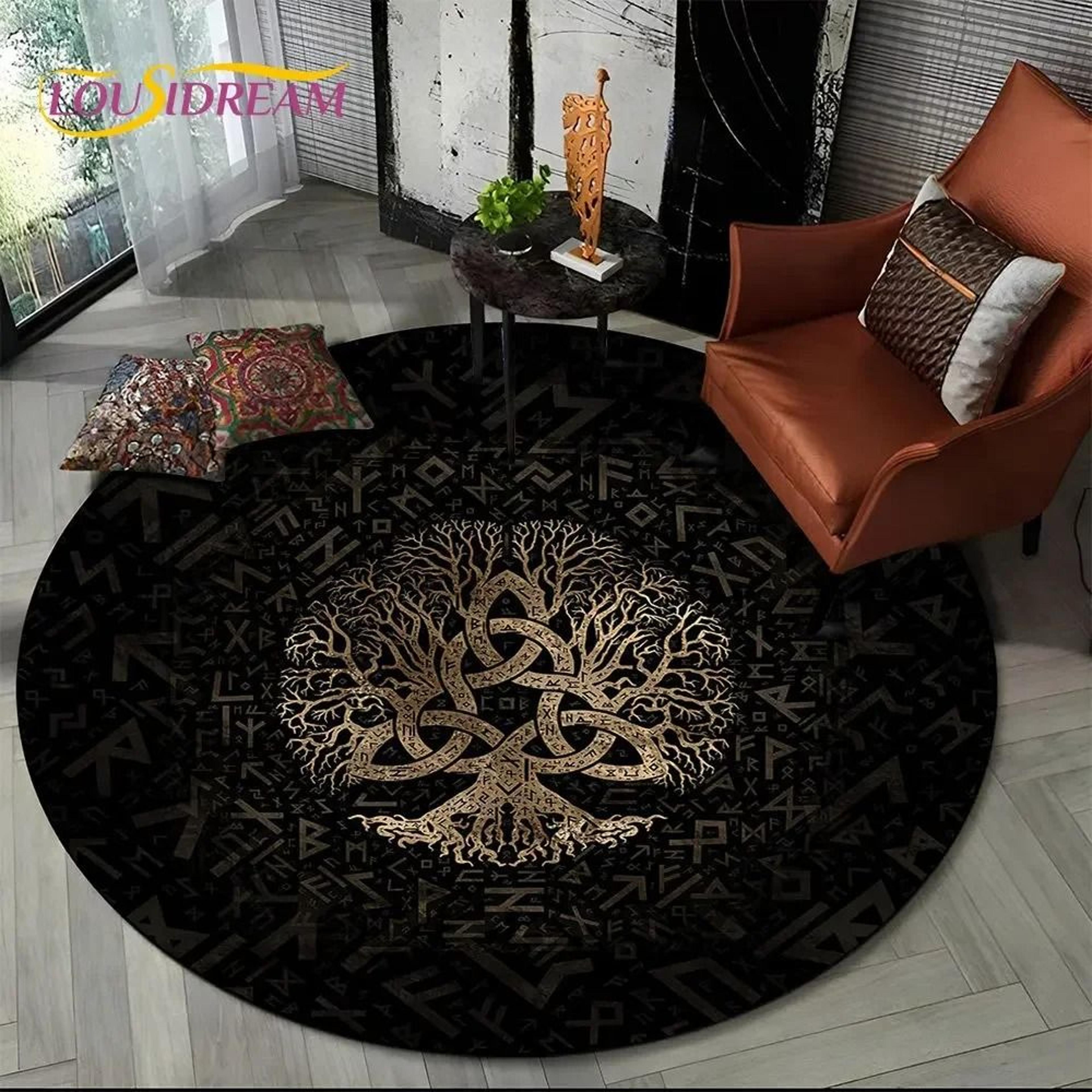 Viking Valknut Yggdrasil Round Rug  Nordic Tree Of Life Carpet  Mythic NonSlip Floor Mat 6