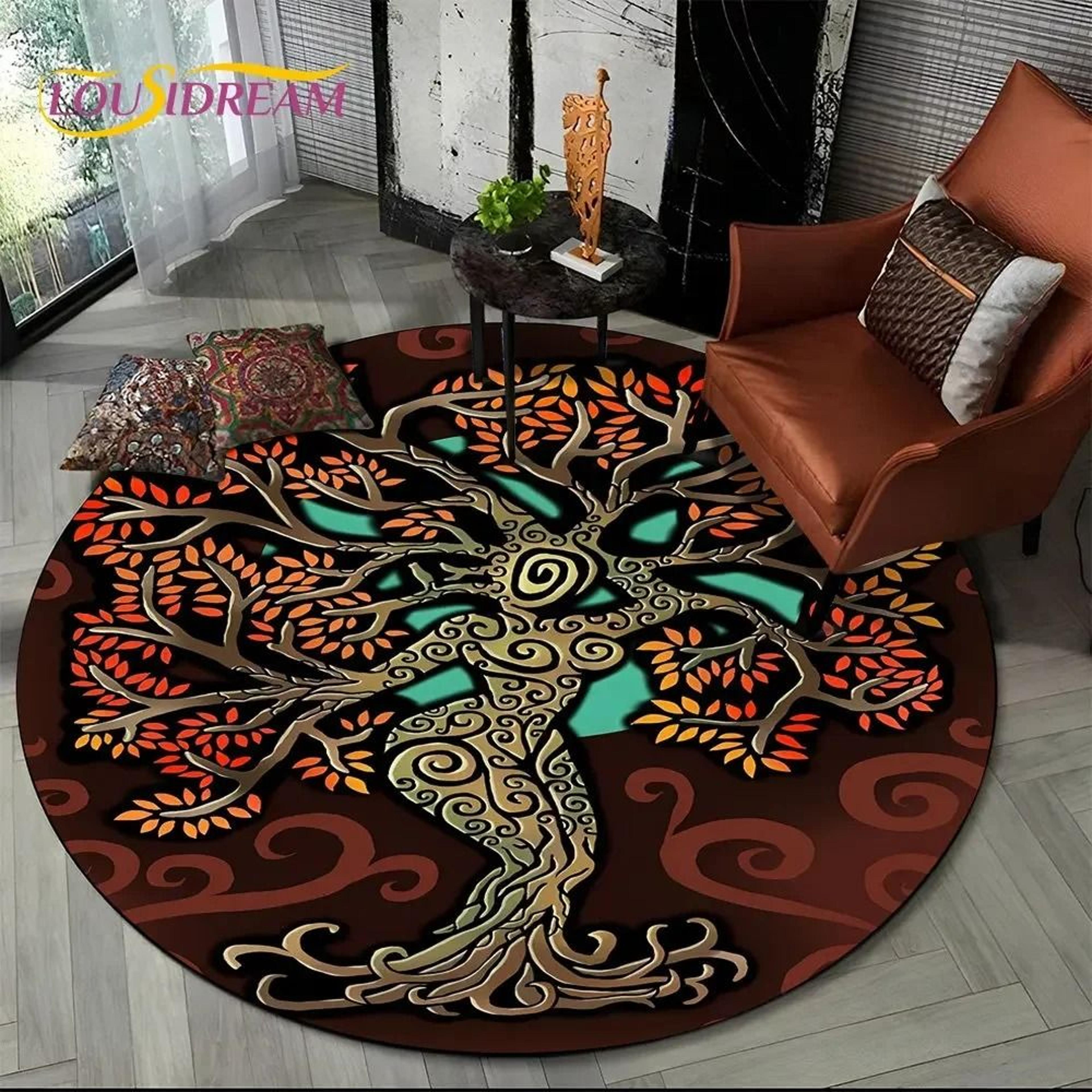 Viking Valknut Yggdrasil Round Rug  Nordic Tree Of Life Carpet  Mythic NonSlip Floor Mat 17