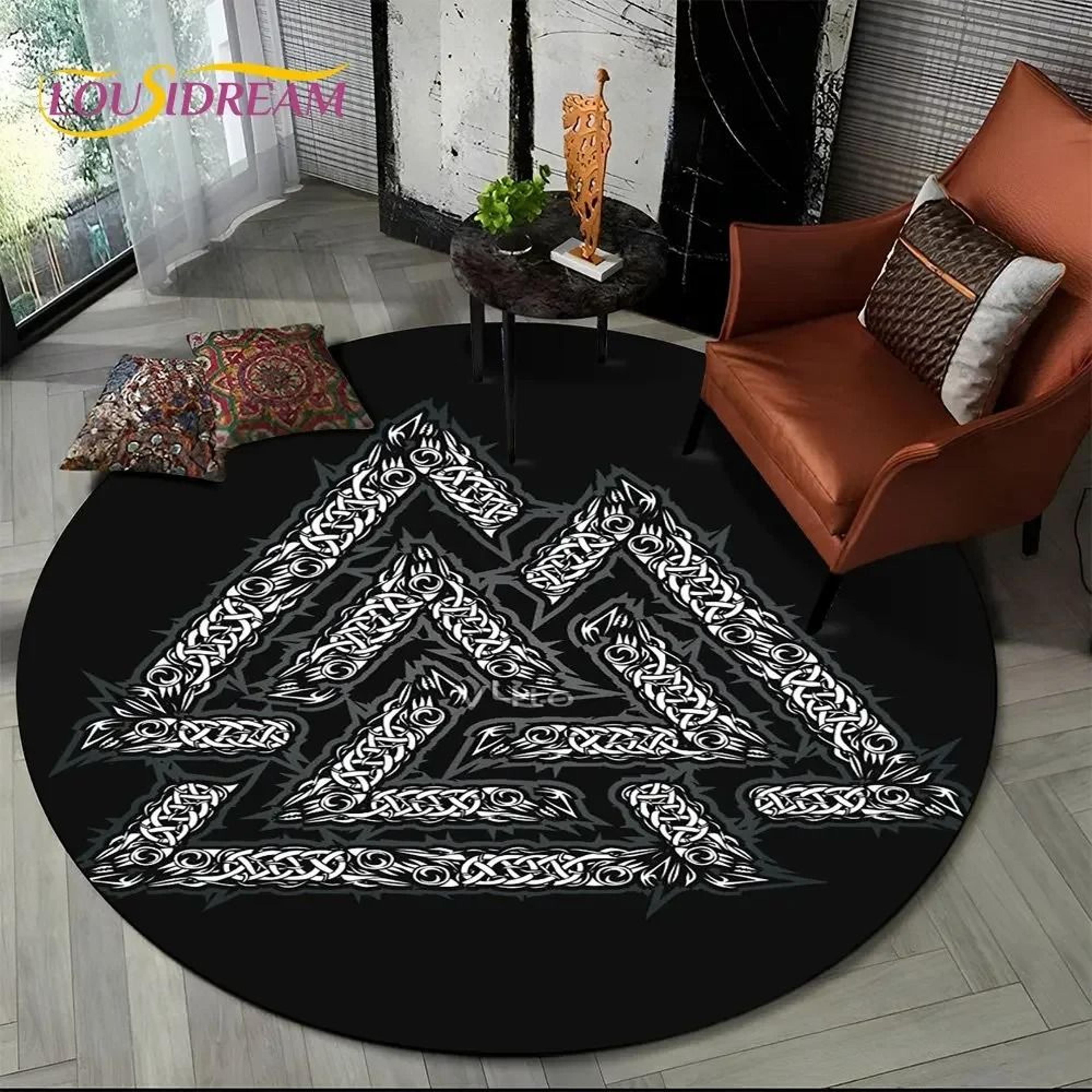 Viking Valknut Yggdrasil Round Rug  Nordic Tree Of Life Carpet  Mythic NonSlip Floor Mat 20