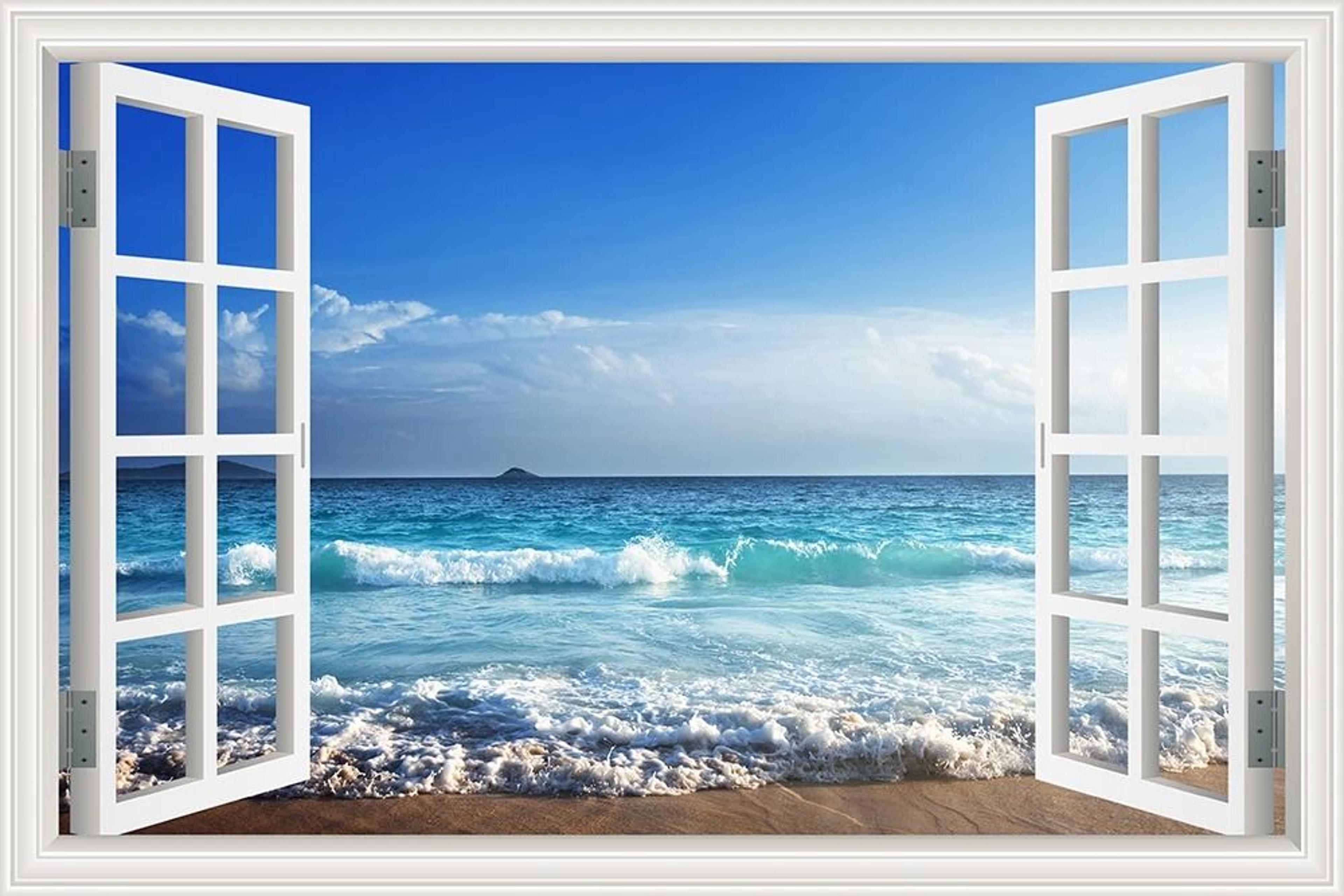 3D Blue Beach Window View Wall Sticker  Tropical Sea Landscape Decal  SelfAdhesive Nature Wallpaper 7