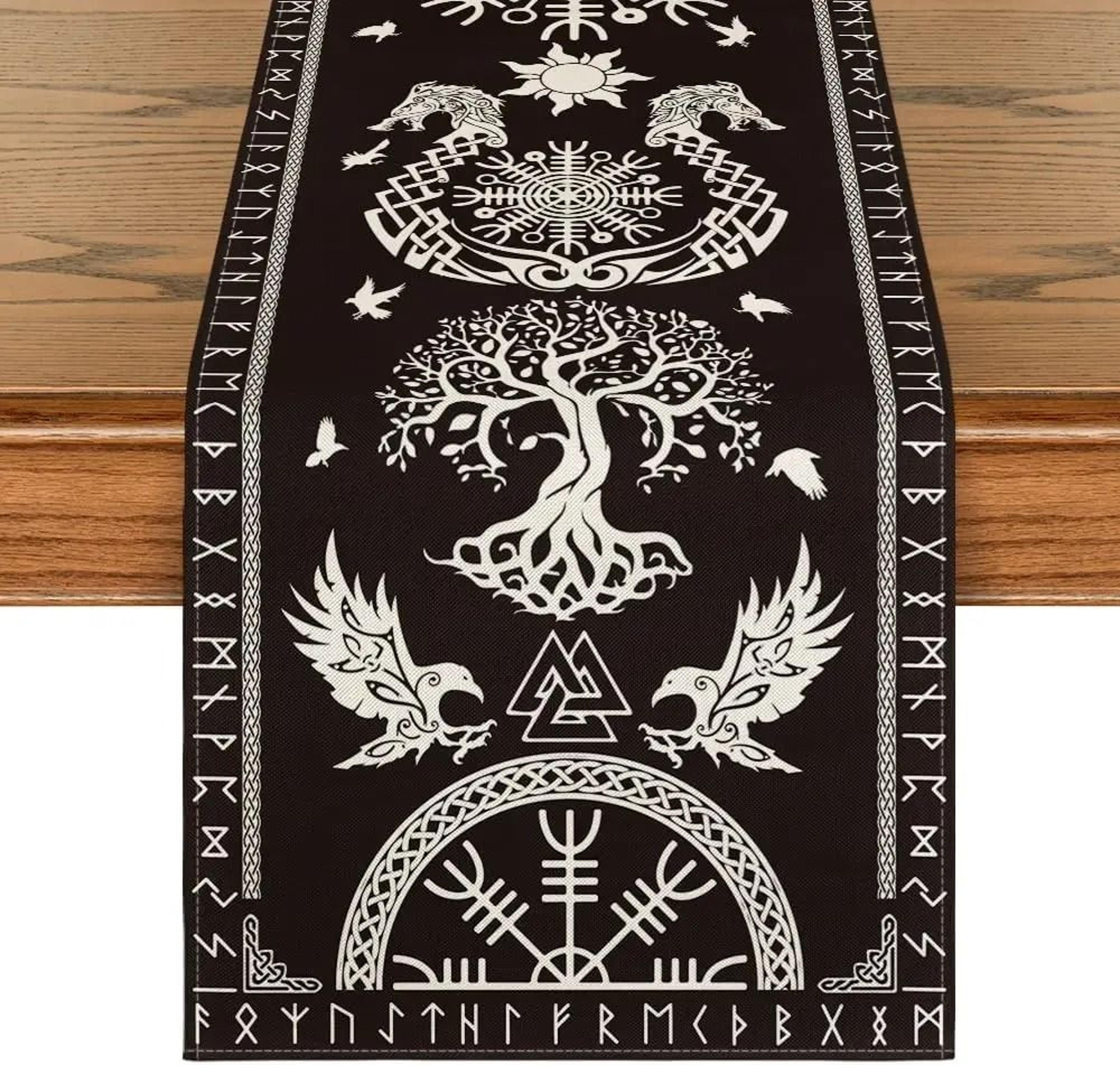 Viking Raven  Helmet Of Awe Table Runner  Nordic Mythology Linen Decor  Reusable Medieval Kitchen R 5