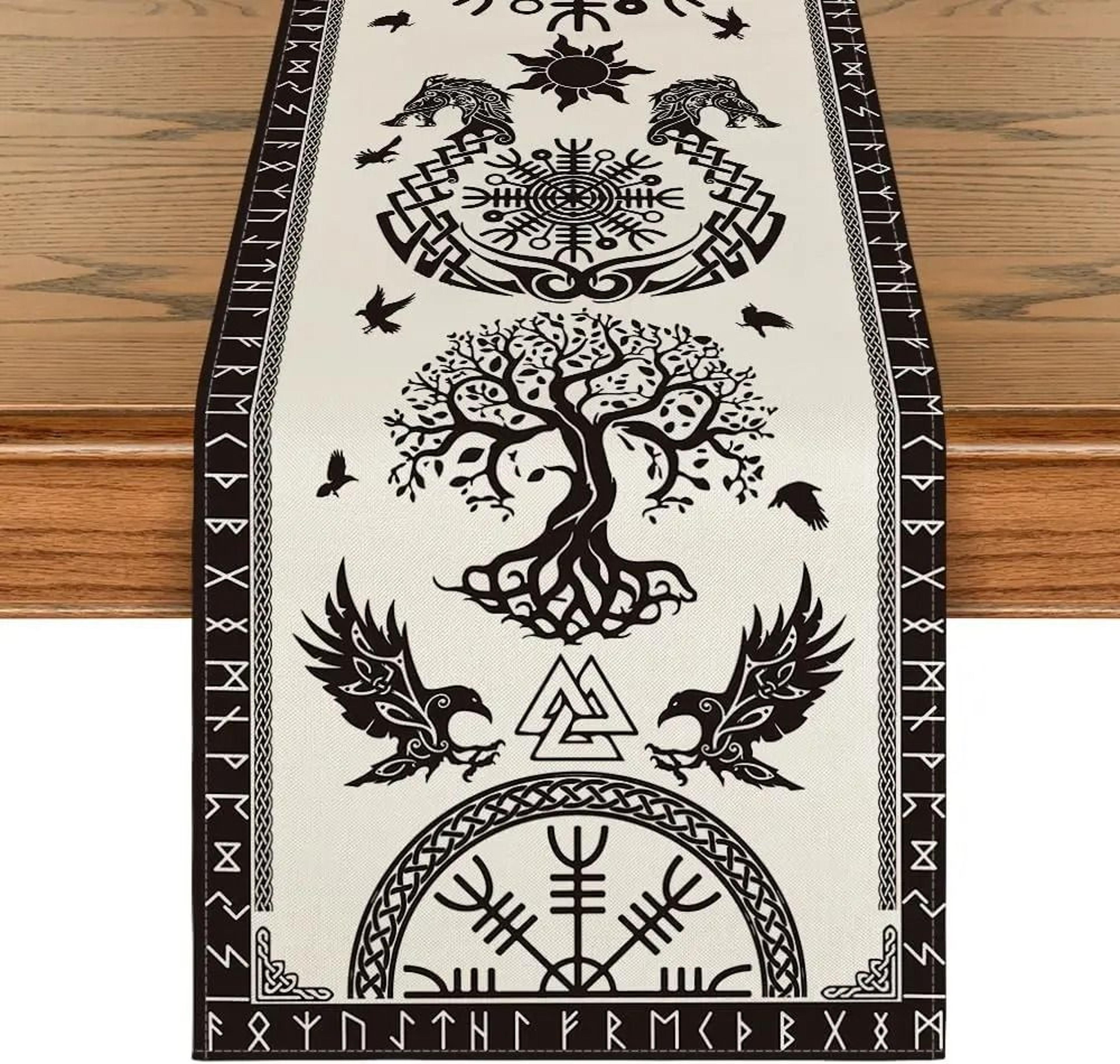Viking Raven  Helmet Of Awe Table Runner  Nordic Mythology Linen Decor  Reusable Medieval Kitchen R 6
