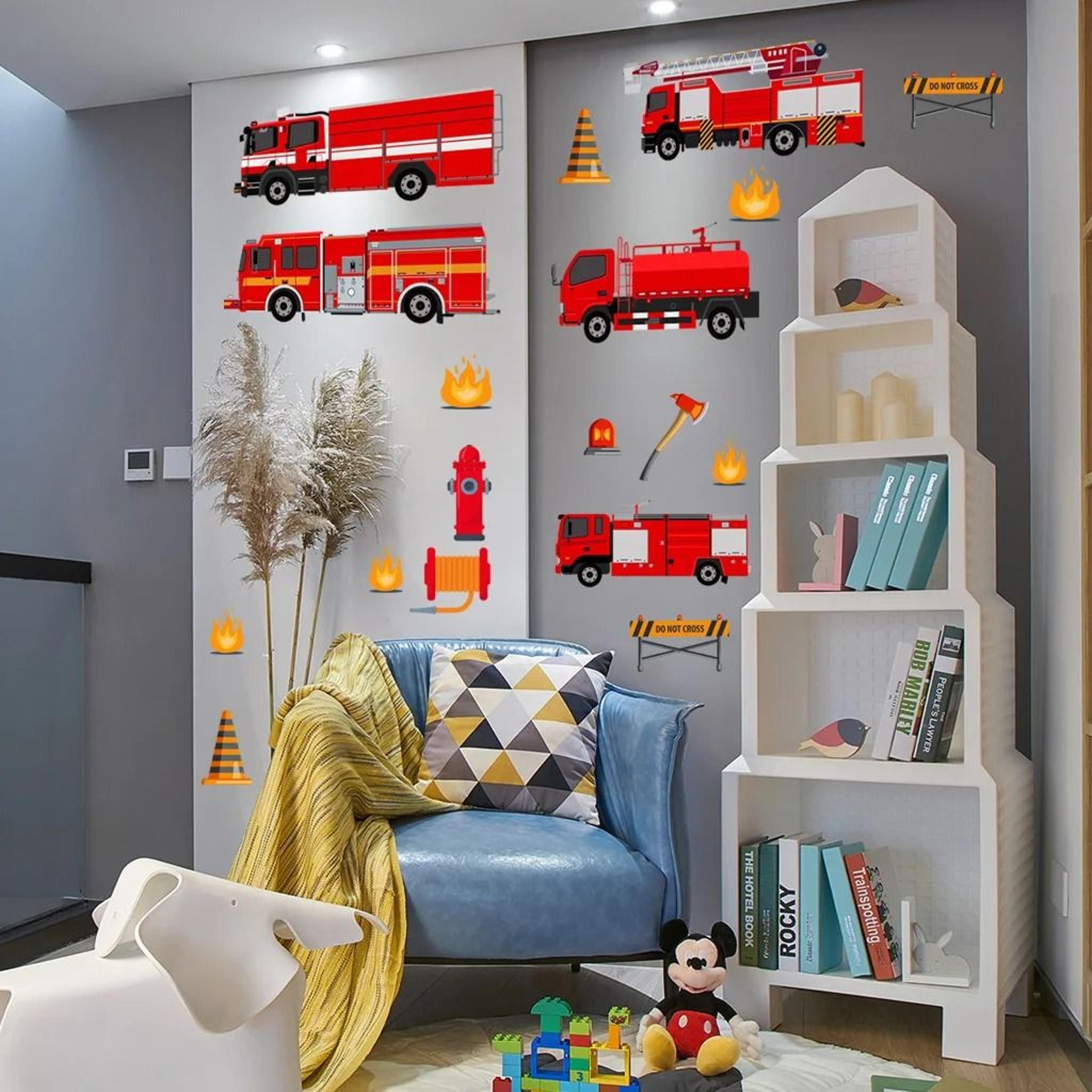 Cartoon Fire Truck Wall Decals  Fire Engine Nursery Decor  Playroom  Boys Bedroom Fireman Mural Sti 1