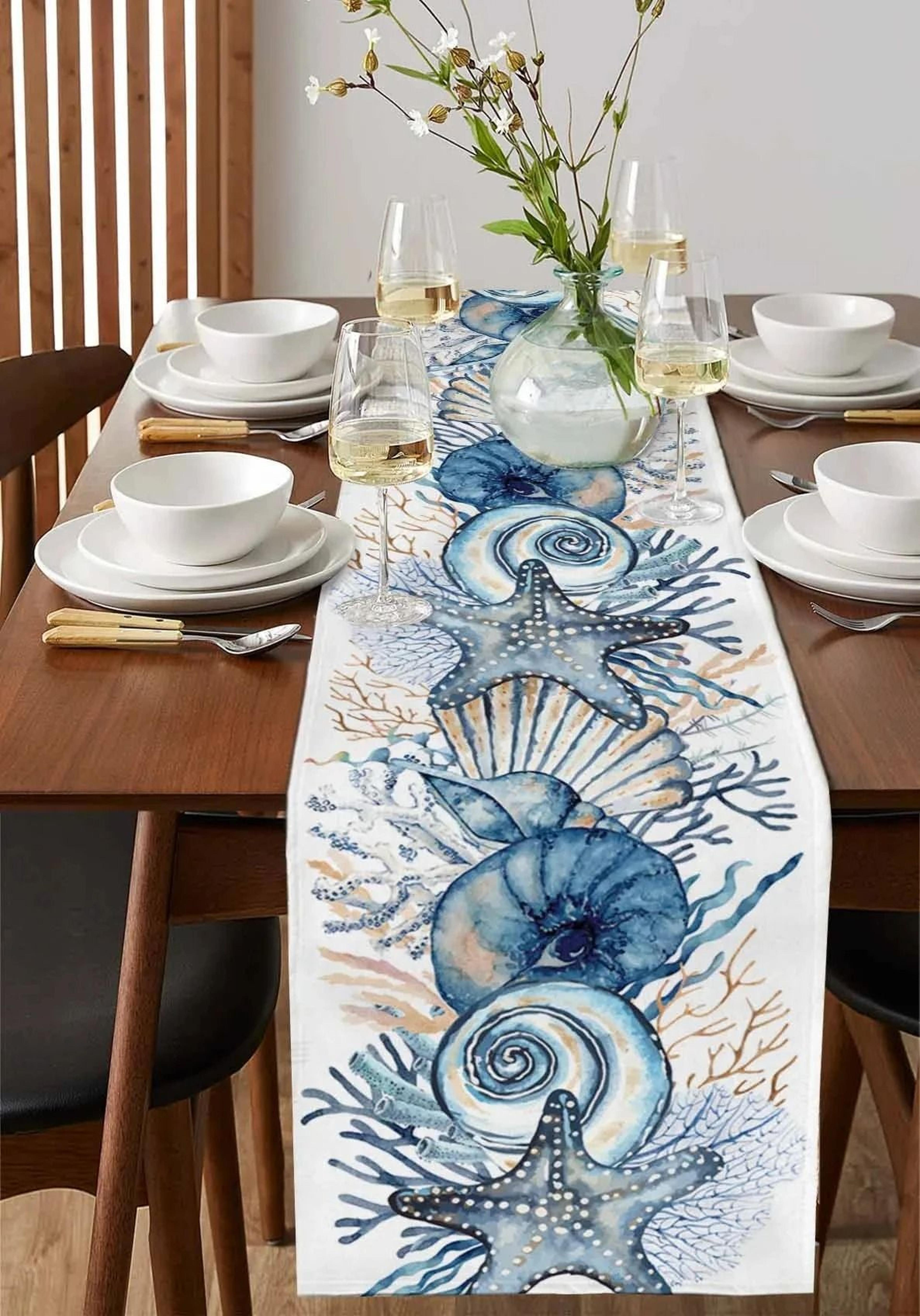 Summer Ocean Coral Table Runner  Coastal Conch Linen Dresser Scarf  Professional Sea Life Dining De 3
