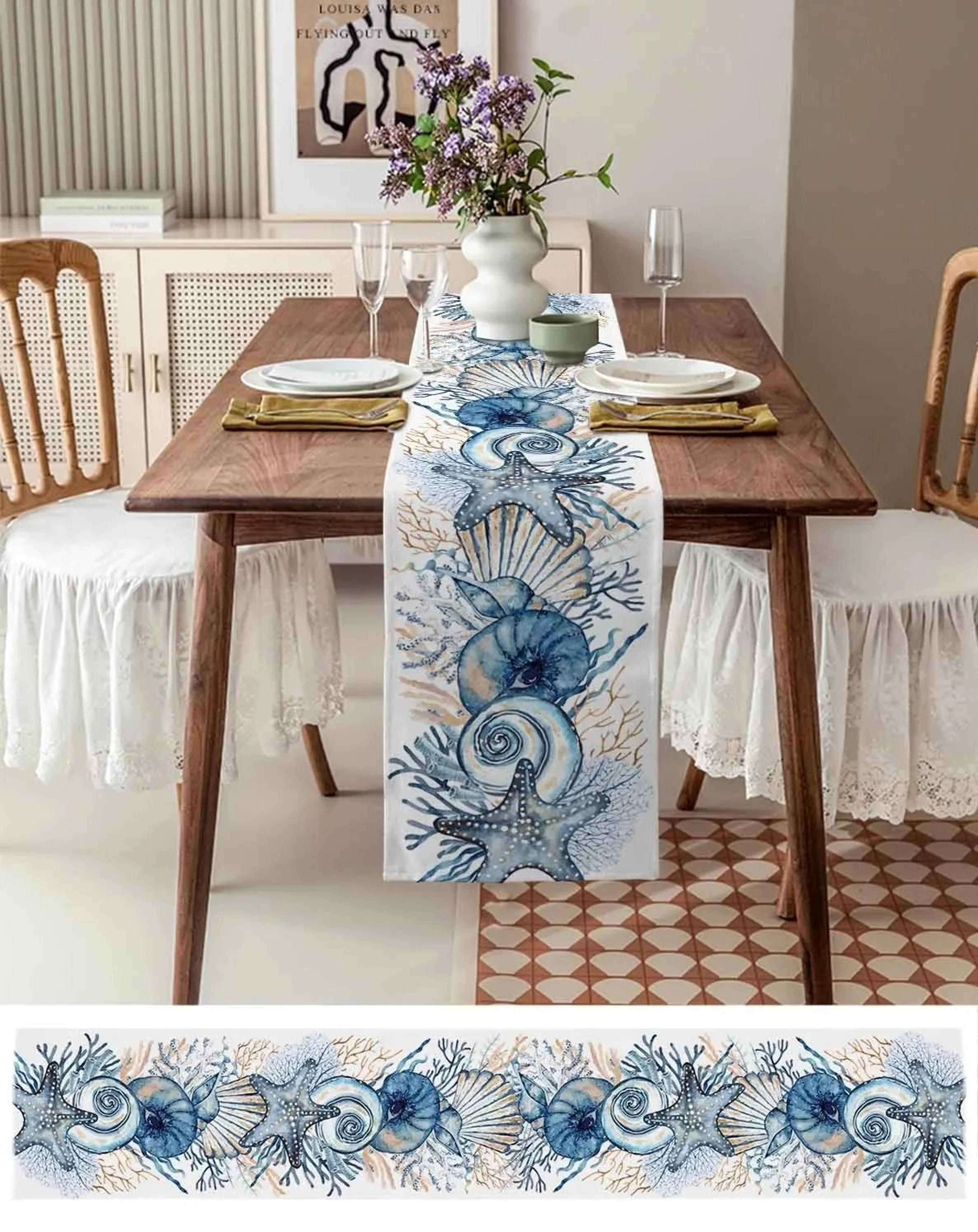 Summer Ocean Coral Table Runner  Coastal Conch Linen Dresser Scarf  Professional Sea Life Dining De 5