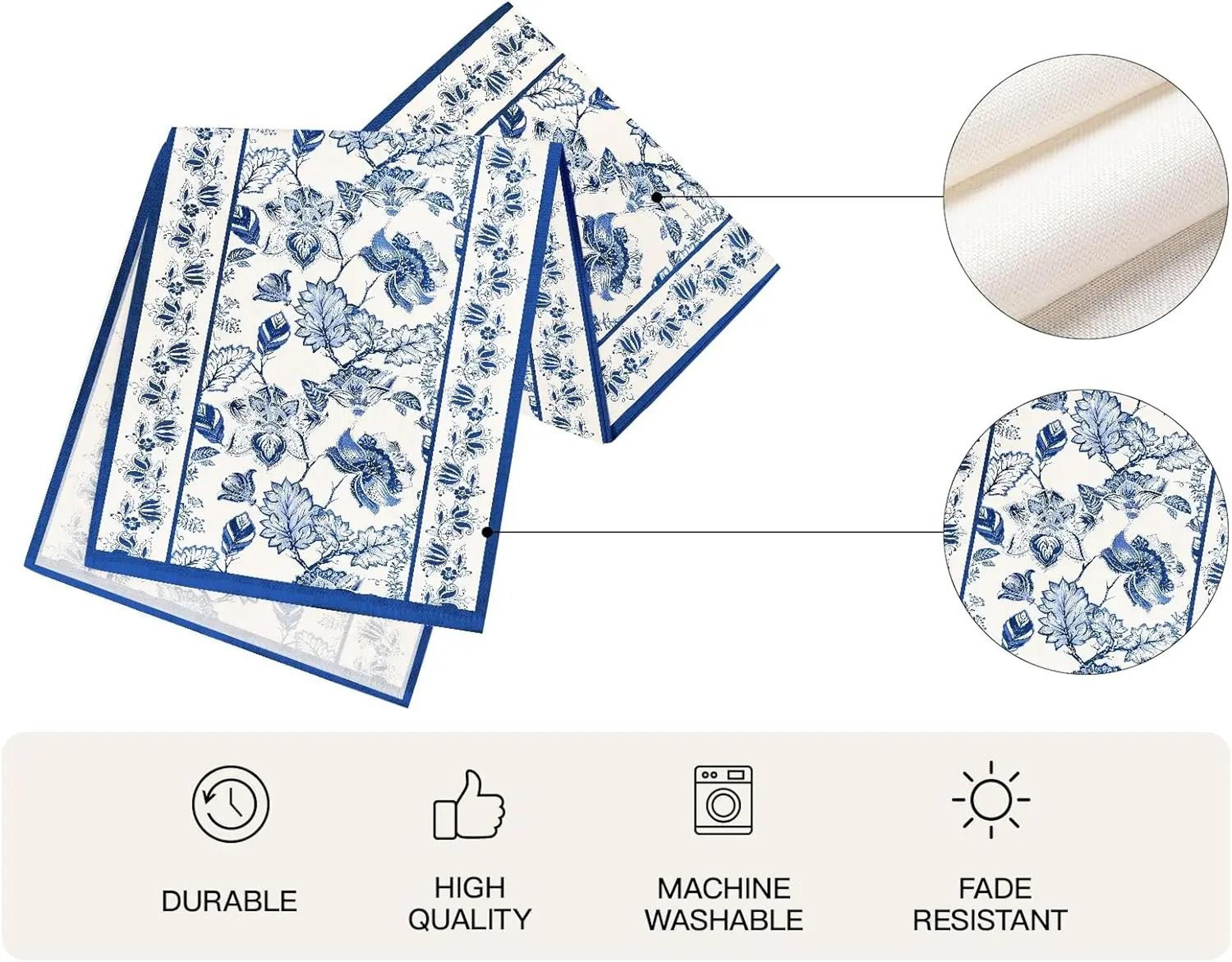 Azure Summer Floral Linen Table Runner  Botanical Farmhouse Dining Decor  Professional Holiday  Wed 1
