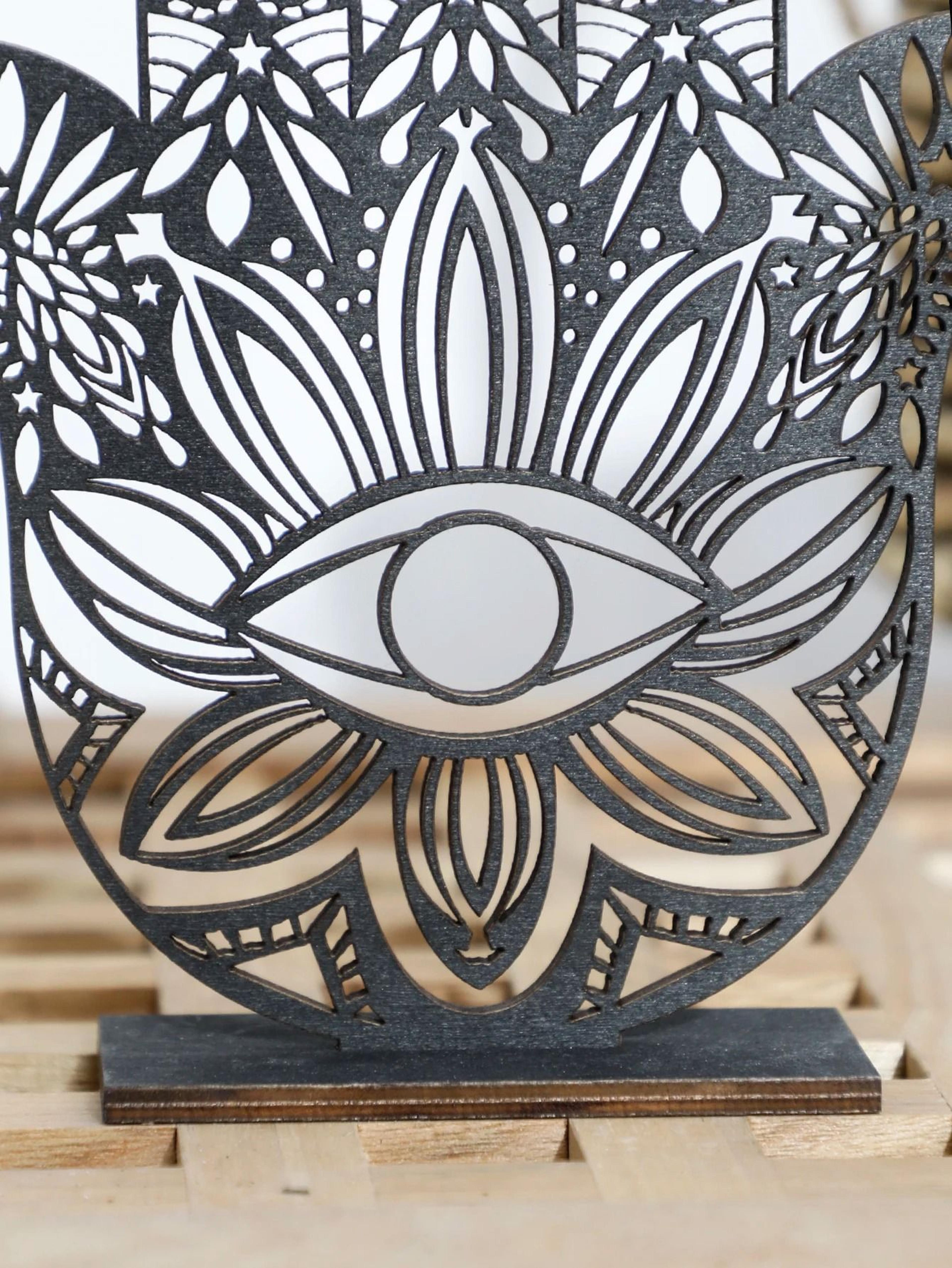 Artisan Hamsa Wood Sculpture  HollowOut Evil Eye Totem  Executive Desktop  Home Studio Sanctuary De 5
